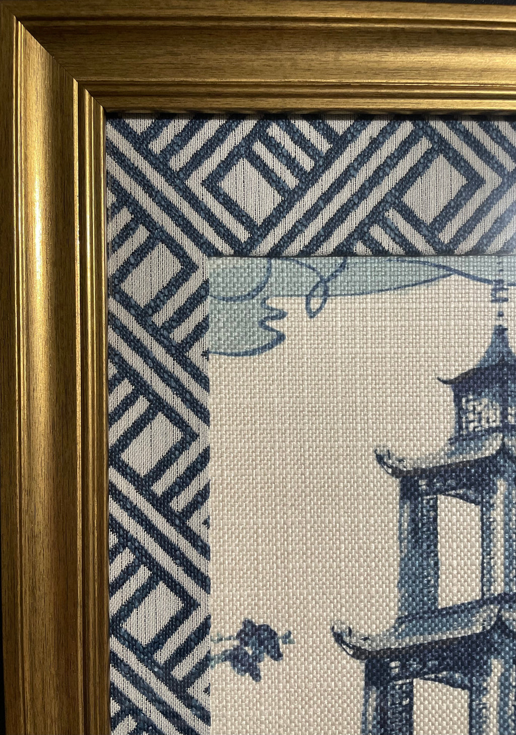 Chinoiserie Pagoda Fabric Wall Art | 13x16 Gold Frame | Zen Indigo
