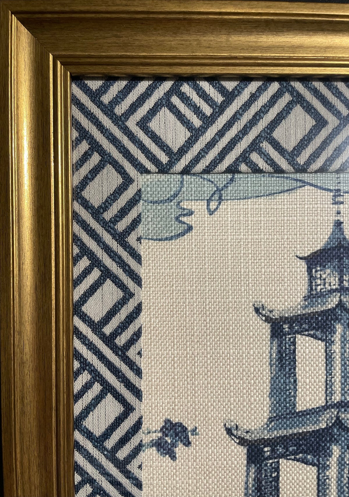Chinoiserie Pagoda Fabric Wall Art | 13x16 Gold Frame | Zen Indigo