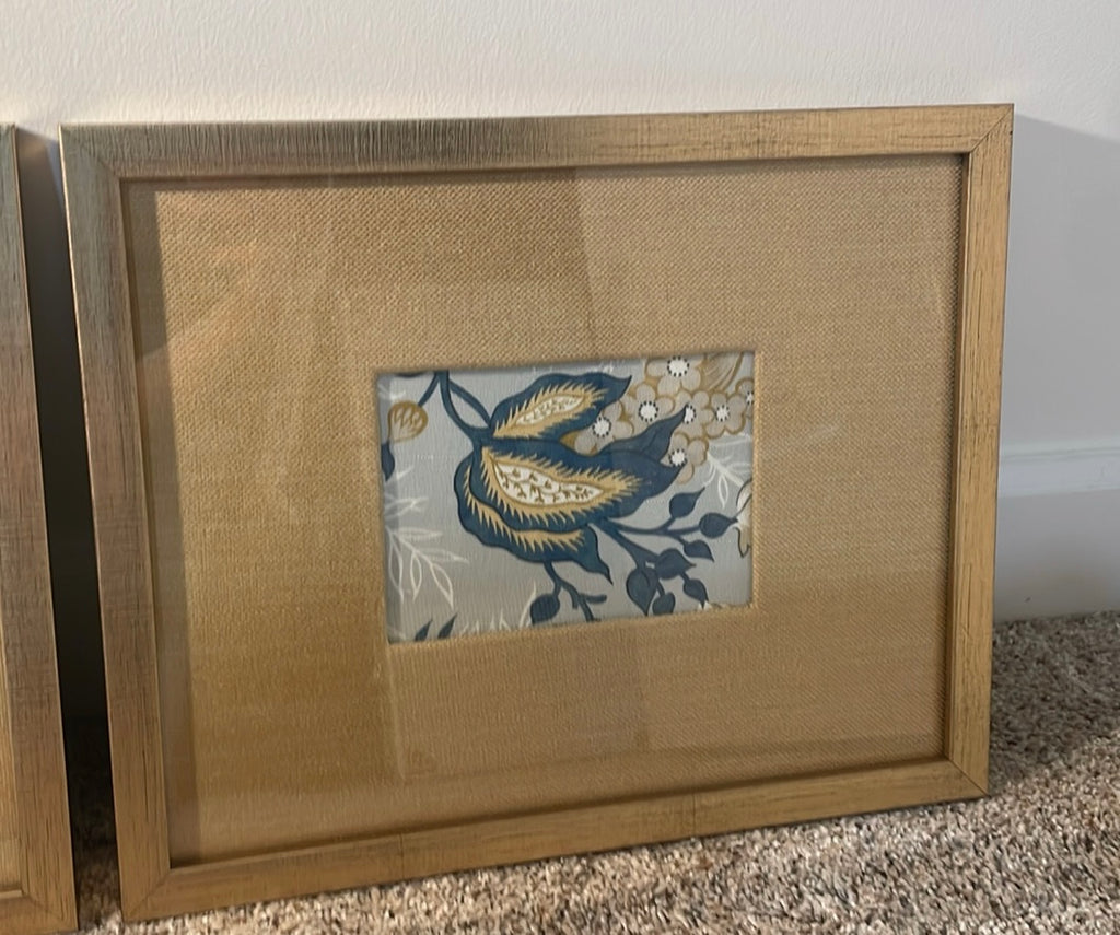 Pair of Ballard Designs fabric with gold fabric matting in Gold Frames