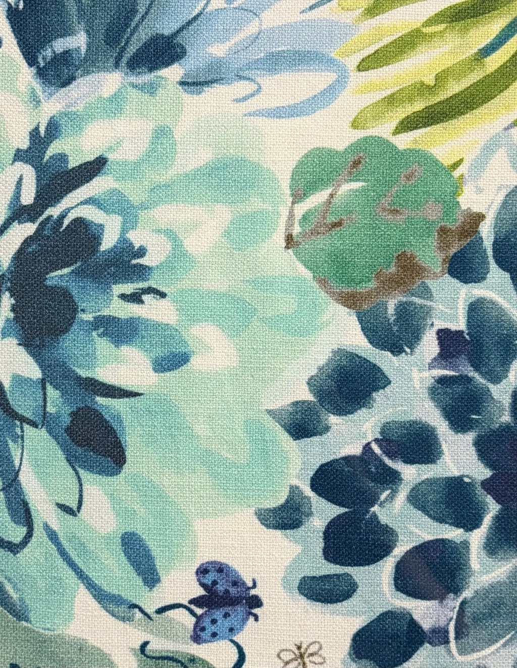Pair Framed Bright Floral Fabric Wall Art: Gold Bamboo-Style Frames, Ballard Tully Blue Fabric Mats 12x15