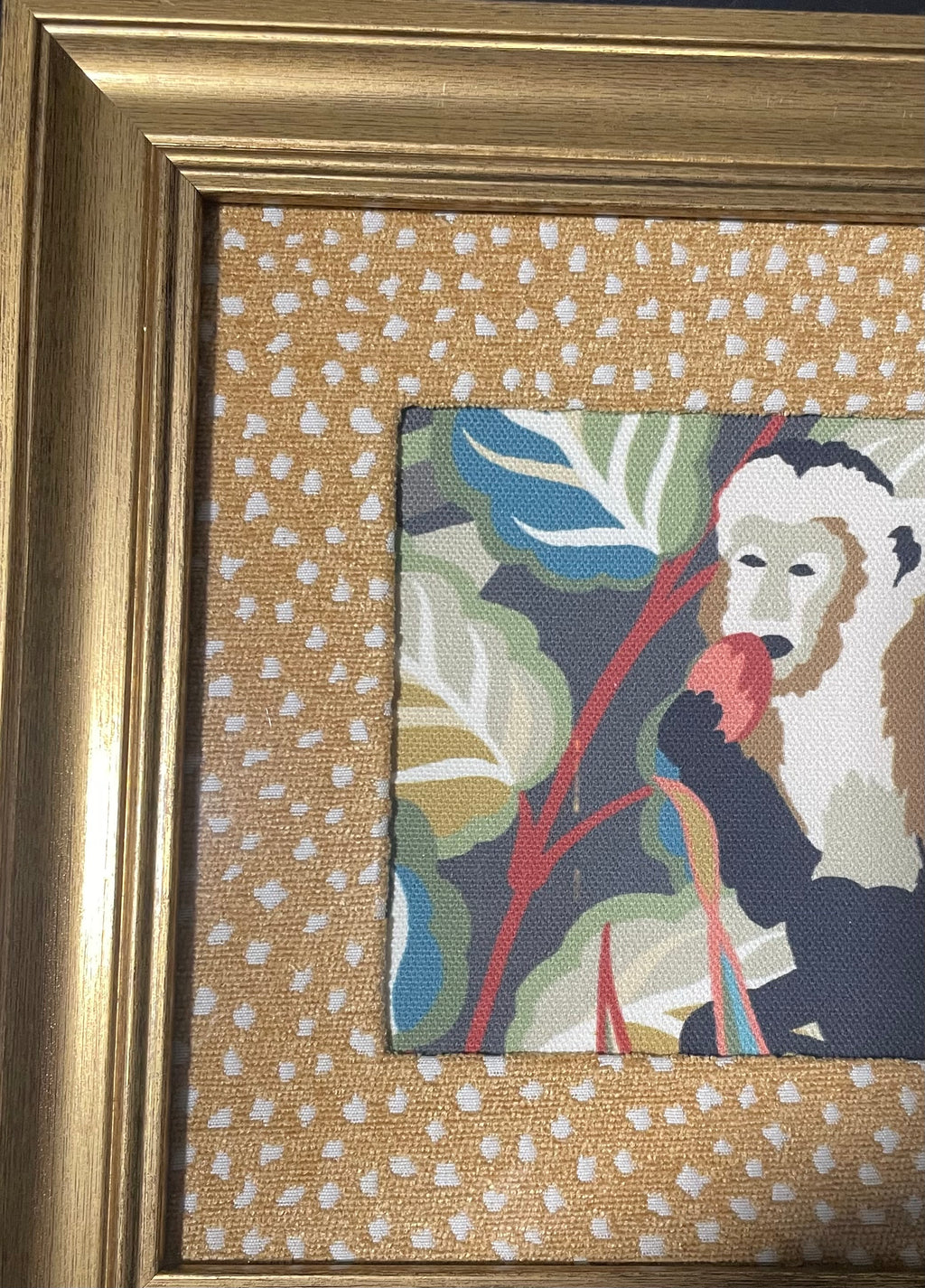 Safari Wall Art — Tiger and Money Kinablu Petro fabric with reverse giraffe fabric mat in Gold Frame