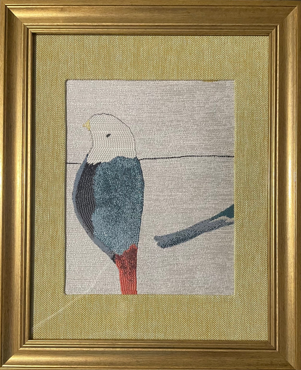 Solo Teal Bird Portrait — Fabric Wall Art, 13x16 Gold Frame