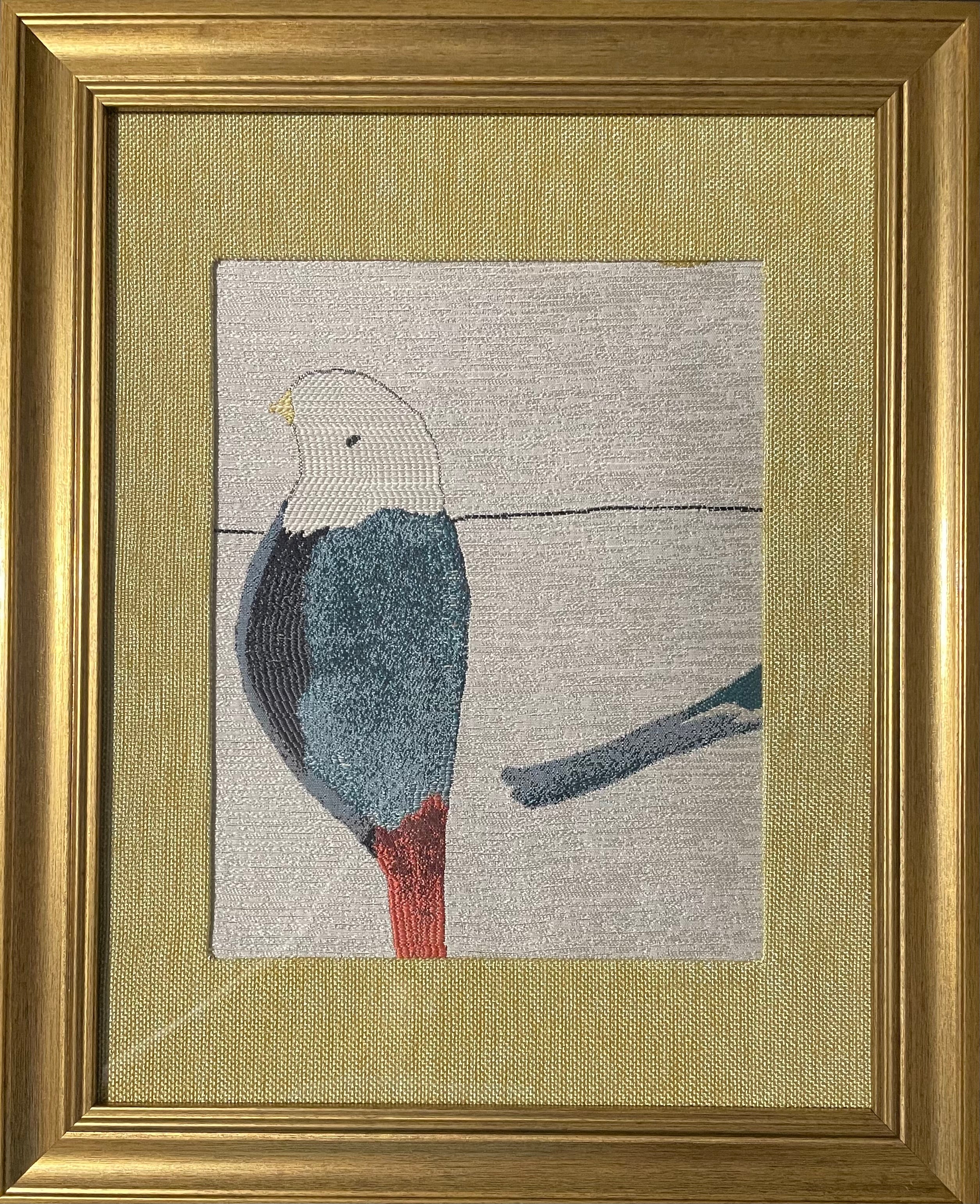 Solo Teal Bird Portrait — Fabric Wall Art, 13x16 Gold Frame