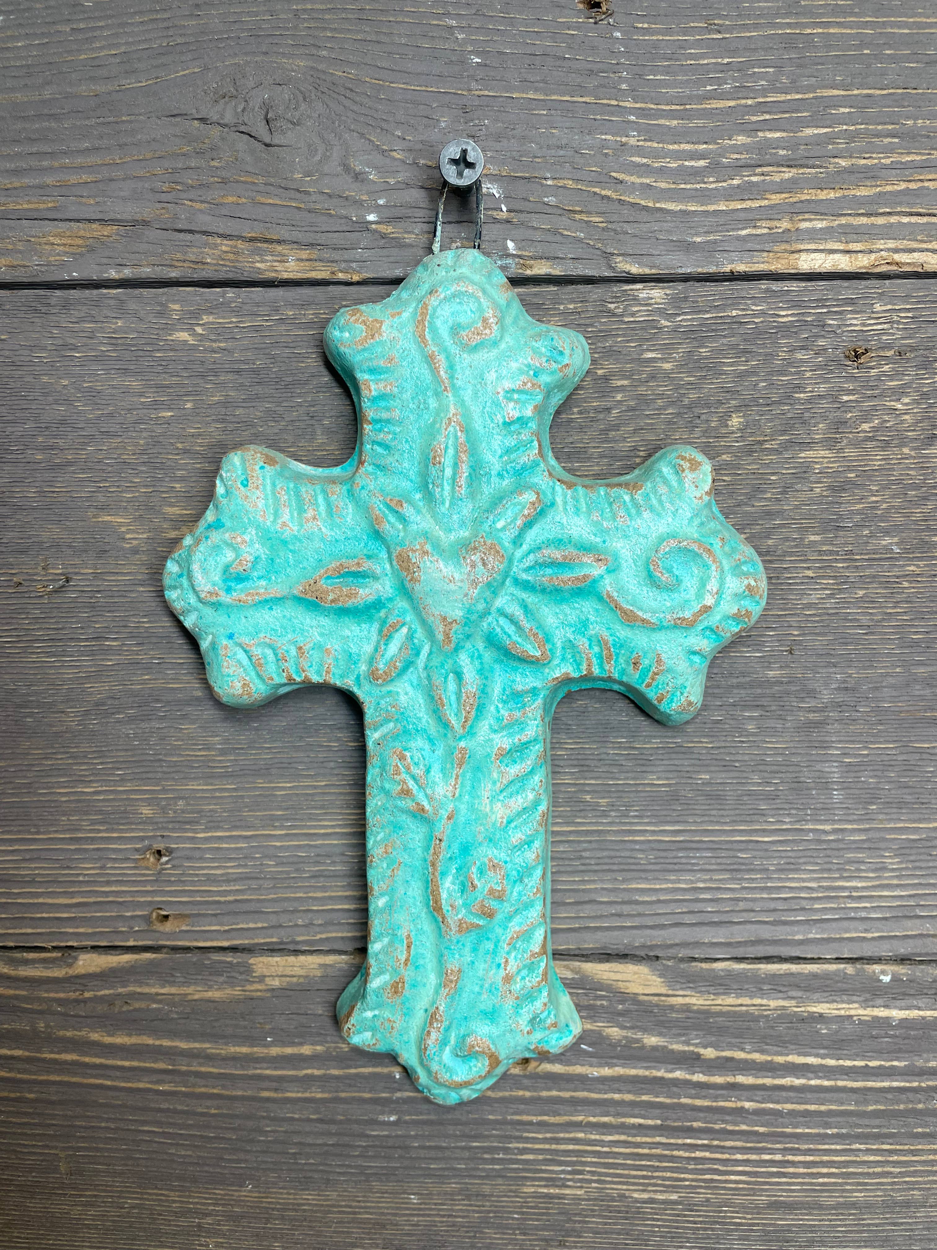 Hugo-Flower Clay Cross-Handmade-Wall-4.5x6.5-Small-Turquoise