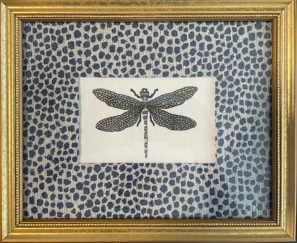 Dragonfly Embroidery in Ballard Designs Indigo Blue Fabric Mat — Gold Frame