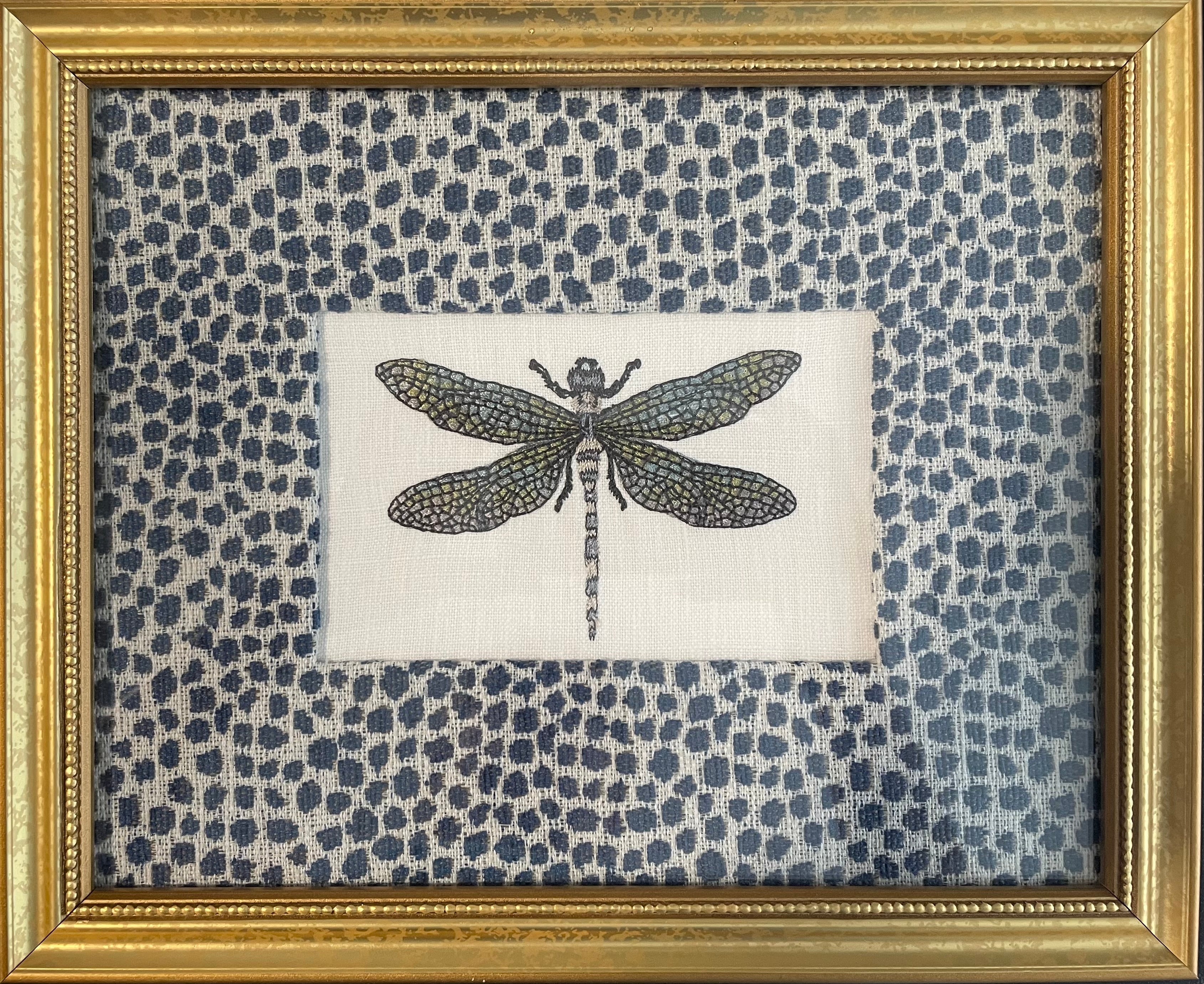 Dragonfly Embroidery in Ballard Designs Indigo Blue Fabric Mat — Gold Frame