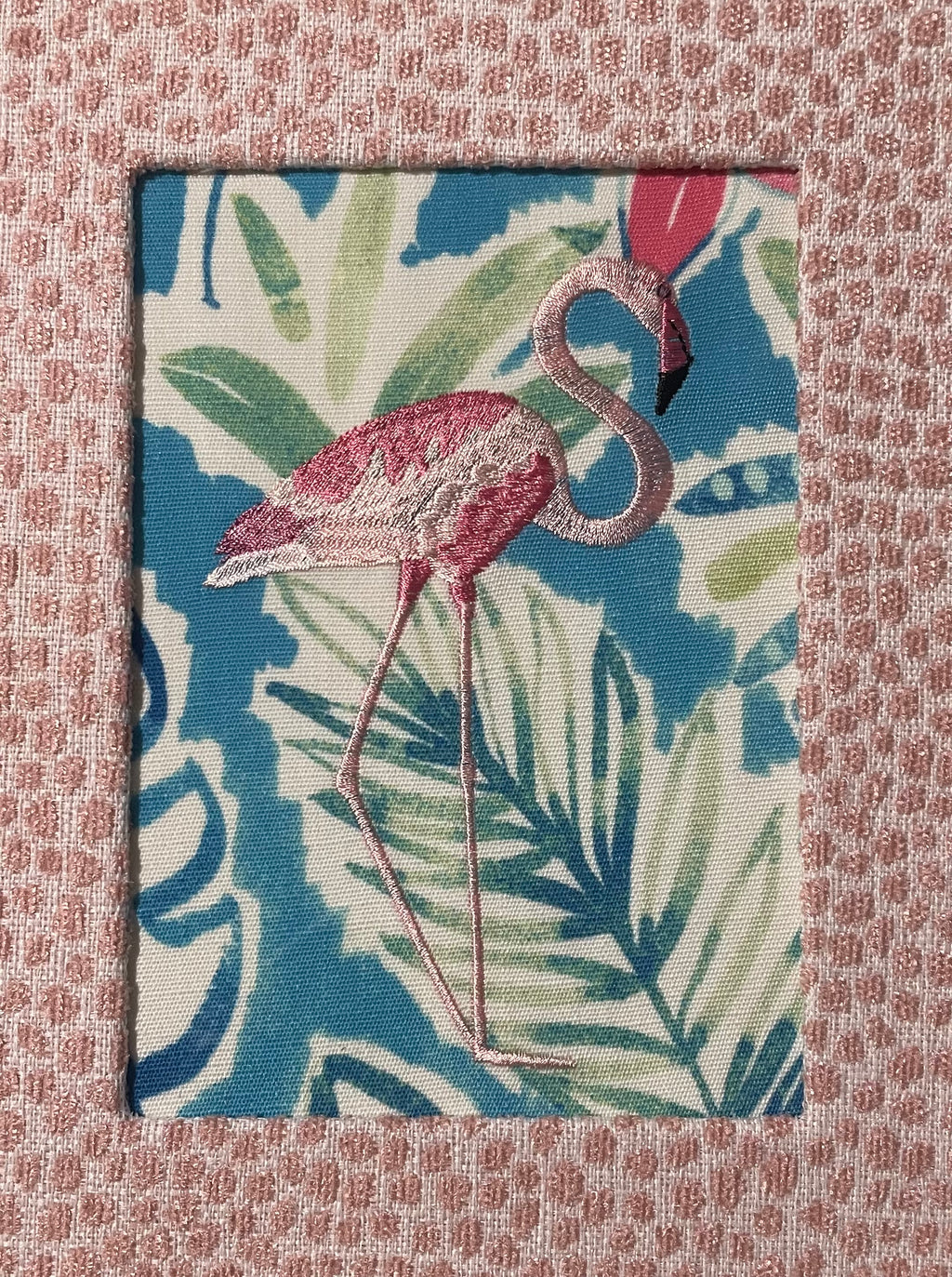 Framed Embroidered right facing flamingo with Custom Ballard Designs TULLY Rose Quartz Fabric Matting