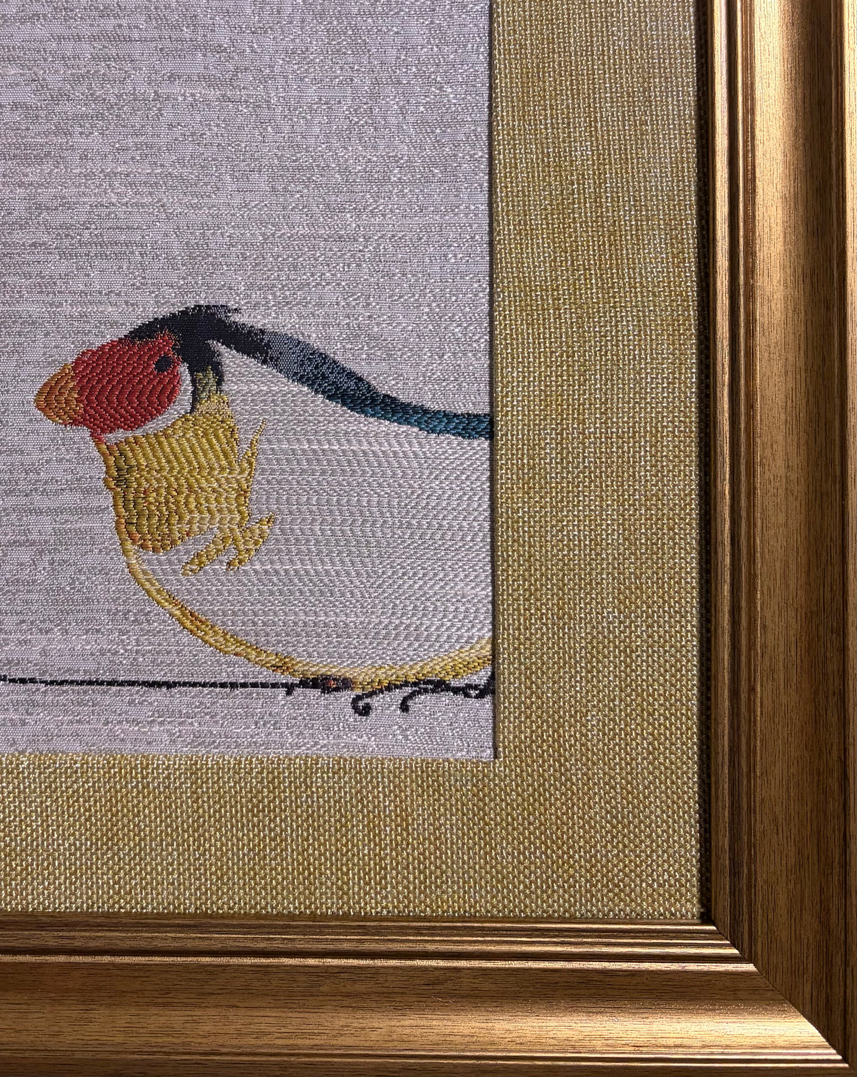 Gouldian Finch Pair — Woven Fabric Wall Art, 13x16 Antique Gold Frame