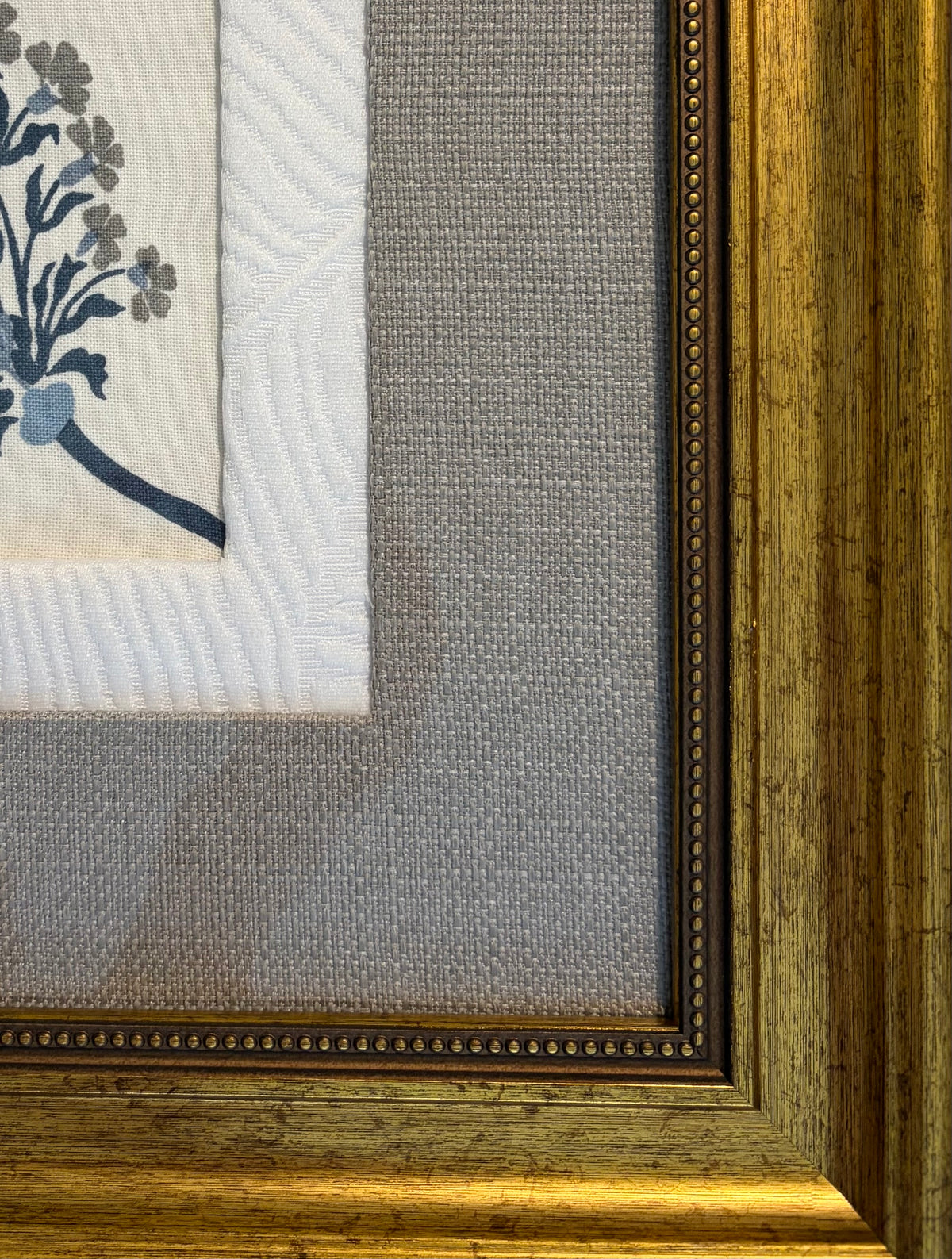 Ballard Designs Mendal Indigo Fabric Wall Art, One of a Kind Framed Textile in 15x15 Gold Frame