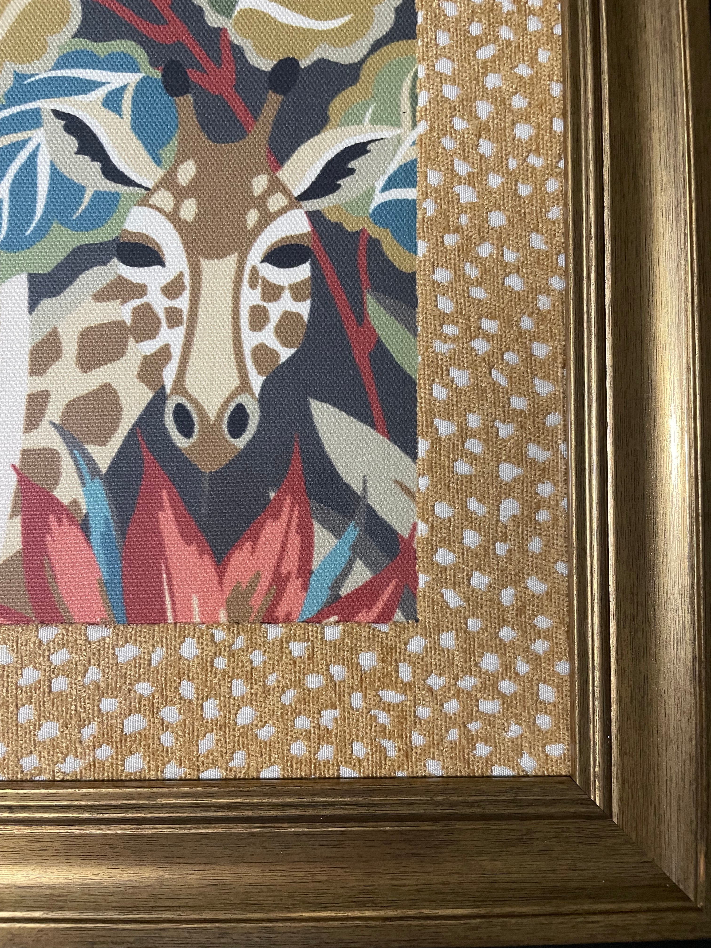 Safari Wall Art — Giraffe and Zebra Kinablu Petro fabric with reverse giraffe fabric mat in Gold Frame