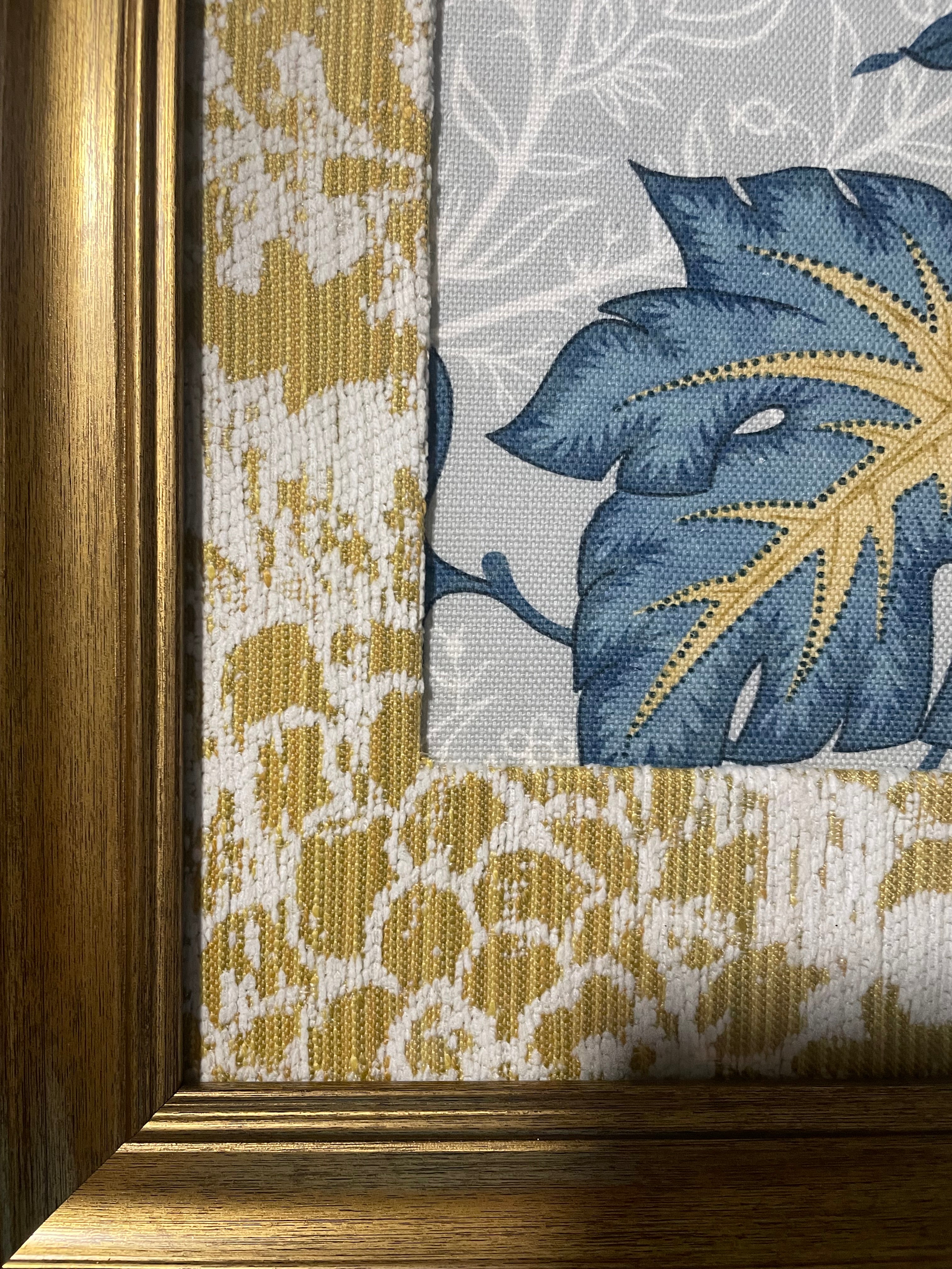 Jacobean Peony & Foliage — Welling Blue Fabric Framed Wall Art, 13x16 Gold Frame