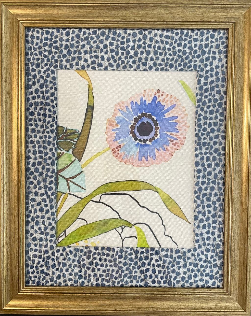 Blush & Blue Anemone — Designer Fabric Wall Art, 13x16 Gold Frame