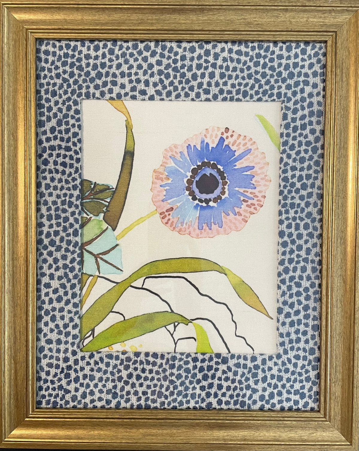 Blush & Blue Anemone — Designer Fabric Wall Art, 13x16 Gold Frame