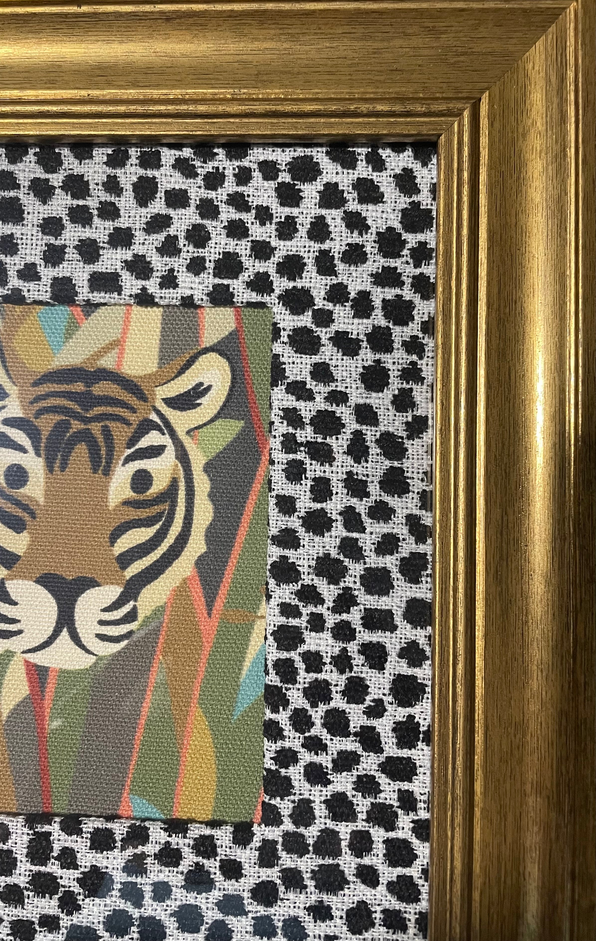 Safari Wall Art — Giraffe and Zebra Kinablu Petro fabric with Ballard Designs Tully Ebony fabric mat in Gold Frames