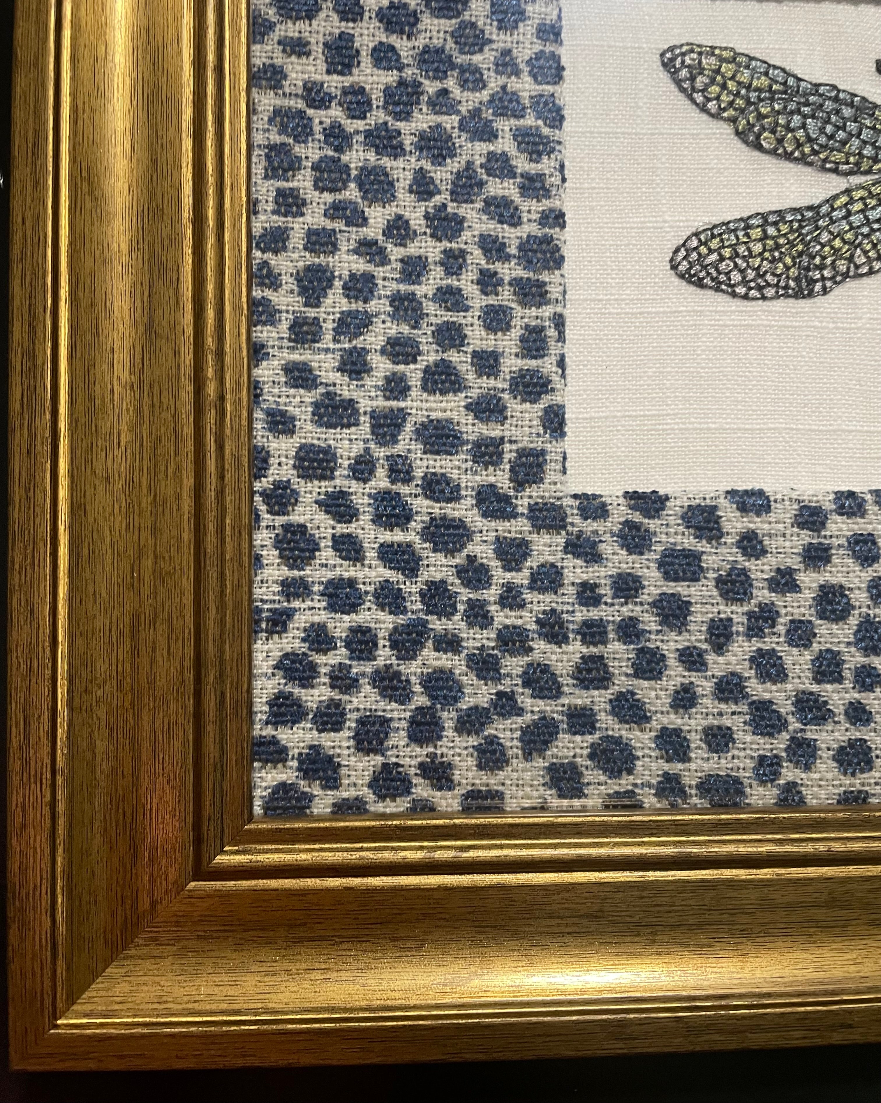Embroidered Dragonfly Wall Art — Gold Frame with Ballard Designs Blue Tully Fabric Mat