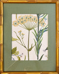 Isabella yellow botanical fabric artwork with tall green stems, custom-made Callen Green mat and gold bamboo-style frame.