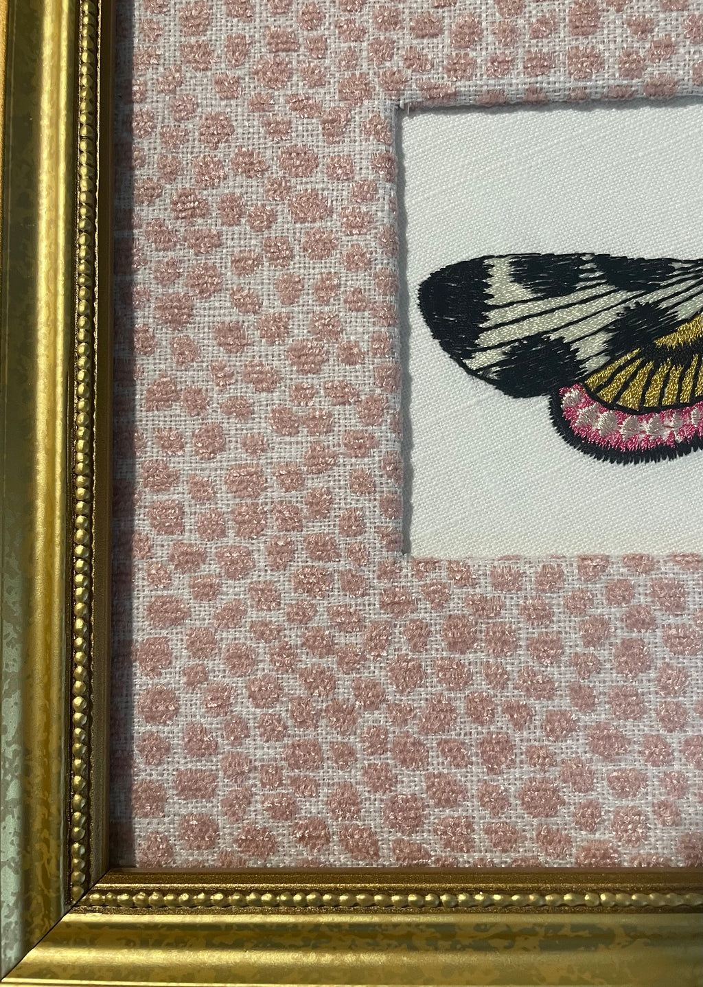 Custom Framed Embroidered Butterfly Moth Art, Ballard Designs TULLY Rose Quartz Fabric Matting
