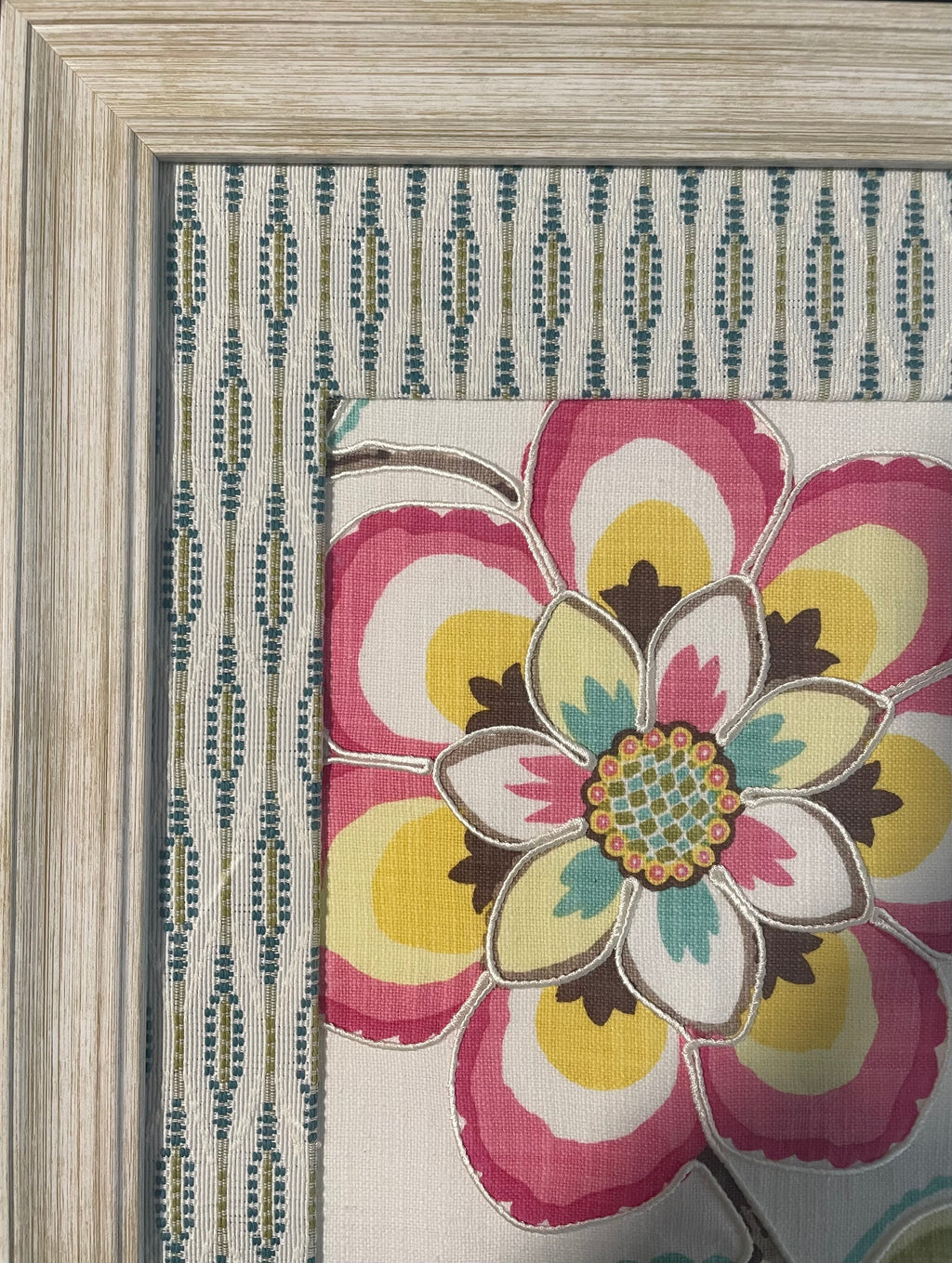 Framed Exotica Sorbet Fabric Art with Ballard Designs Geometric Faygo fabric Mat, 13x16