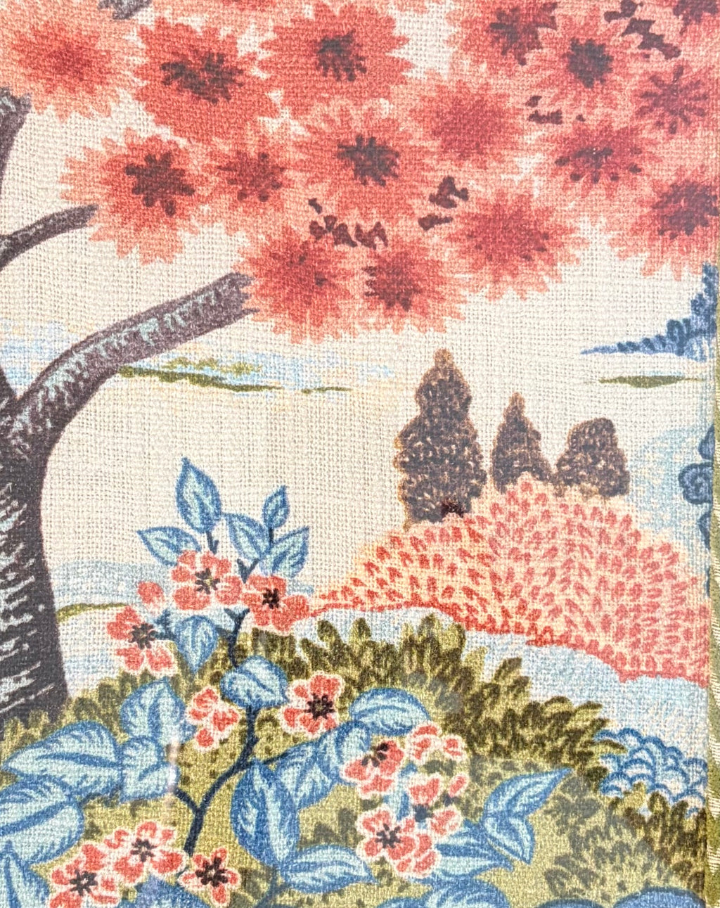 Pair of Framed Botanical Fabric Wall Art — Japanese Garden Scene, 12×15 Dark Mahogany Bamboo Frame