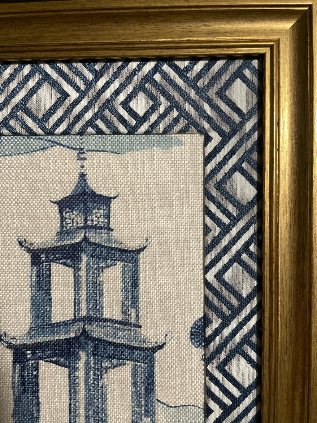 Chinoiserie Pagoda Fabric Wall Art | 13x16 Gold Frame | Zen Indigo