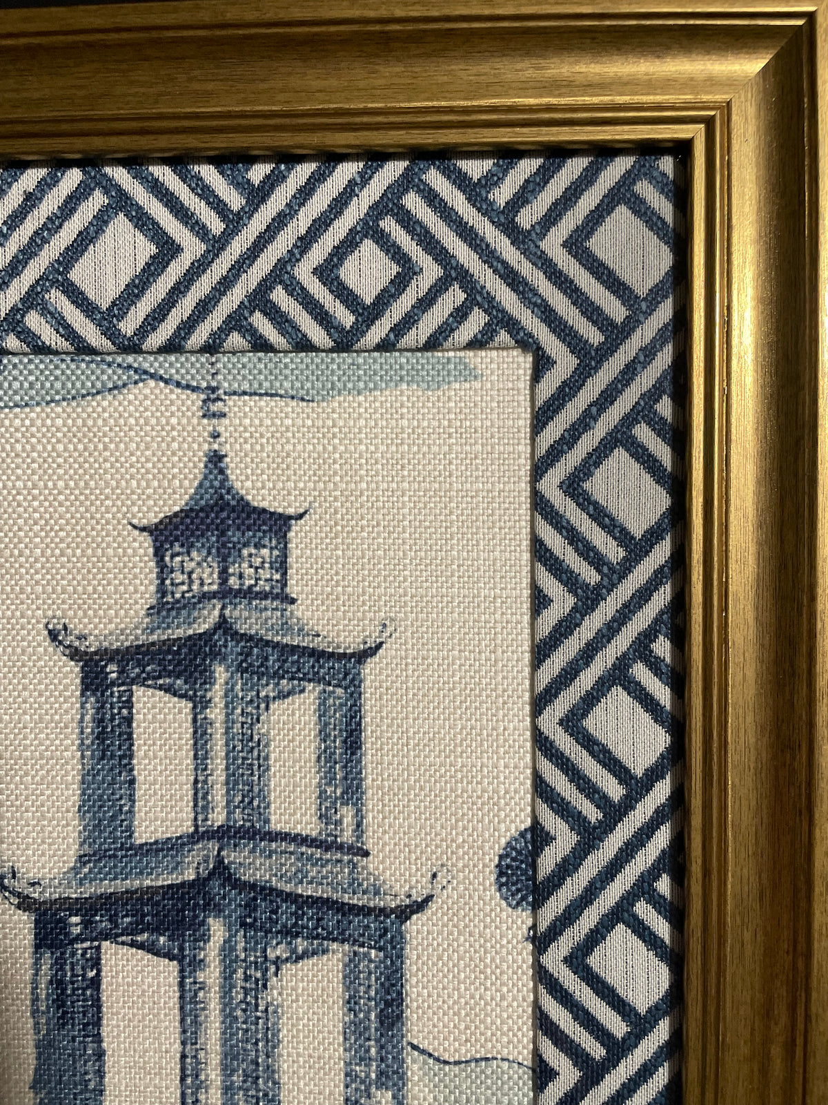 Chinoiserie Pagoda Fabric Wall Art | 13x16 Gold Frame | Zen Indigo