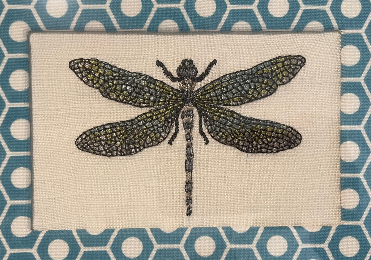 Embroidered Dragonfly surrounded by Schumacher Queen B Custom Fabric Mat