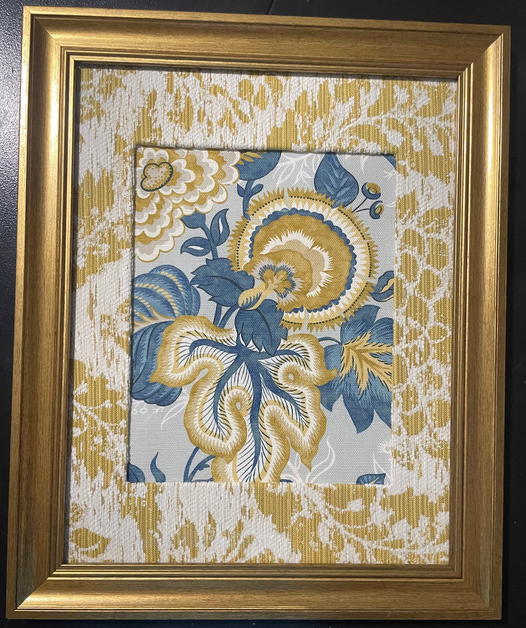 Gold Medallion Bloom — Welling Blue Fabric Framed Wall Art, 13x16 Gold Frame