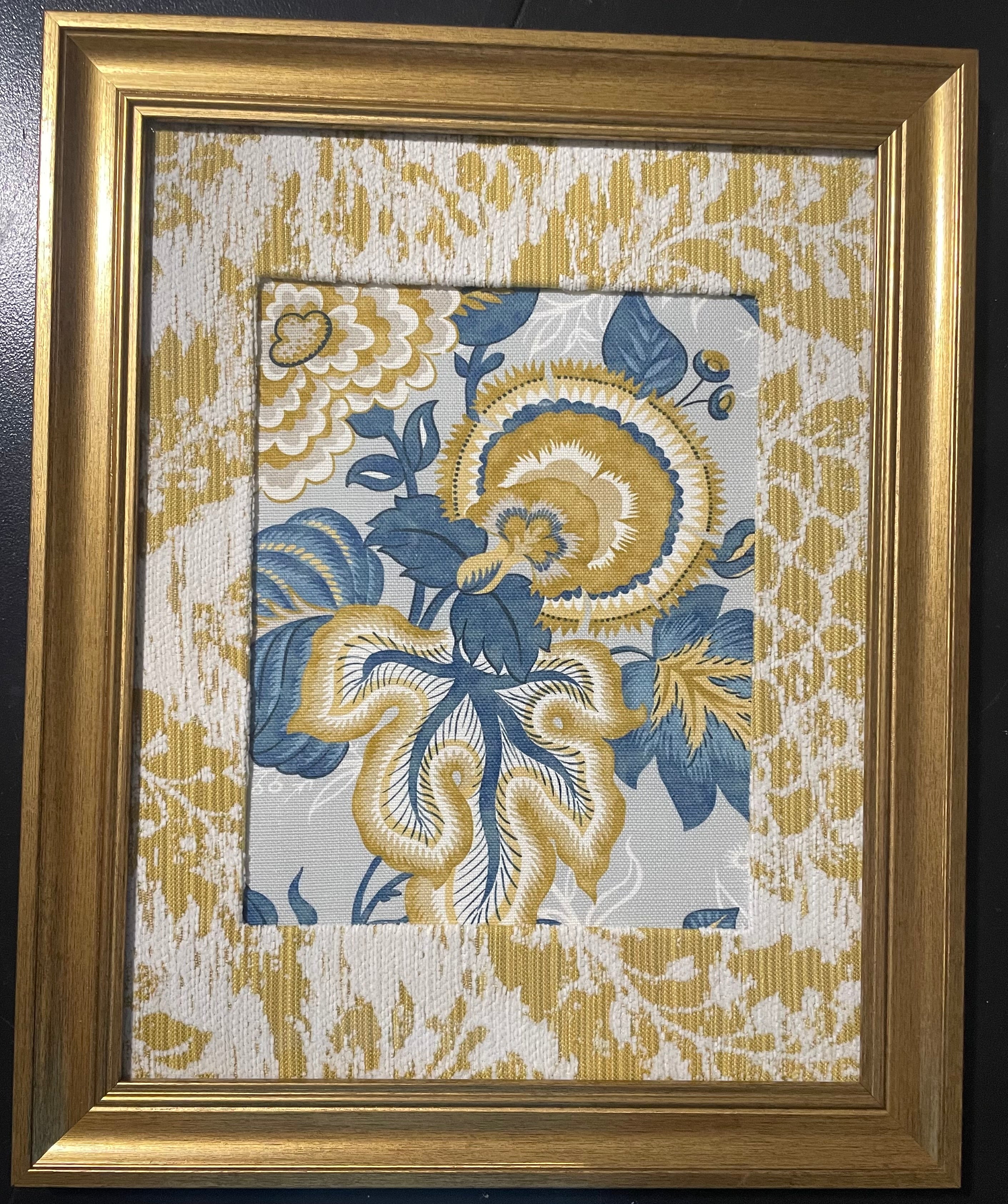 Gold Medallion Bloom — Welling Blue Fabric Framed Wall Art, 13x16 Gold Frame