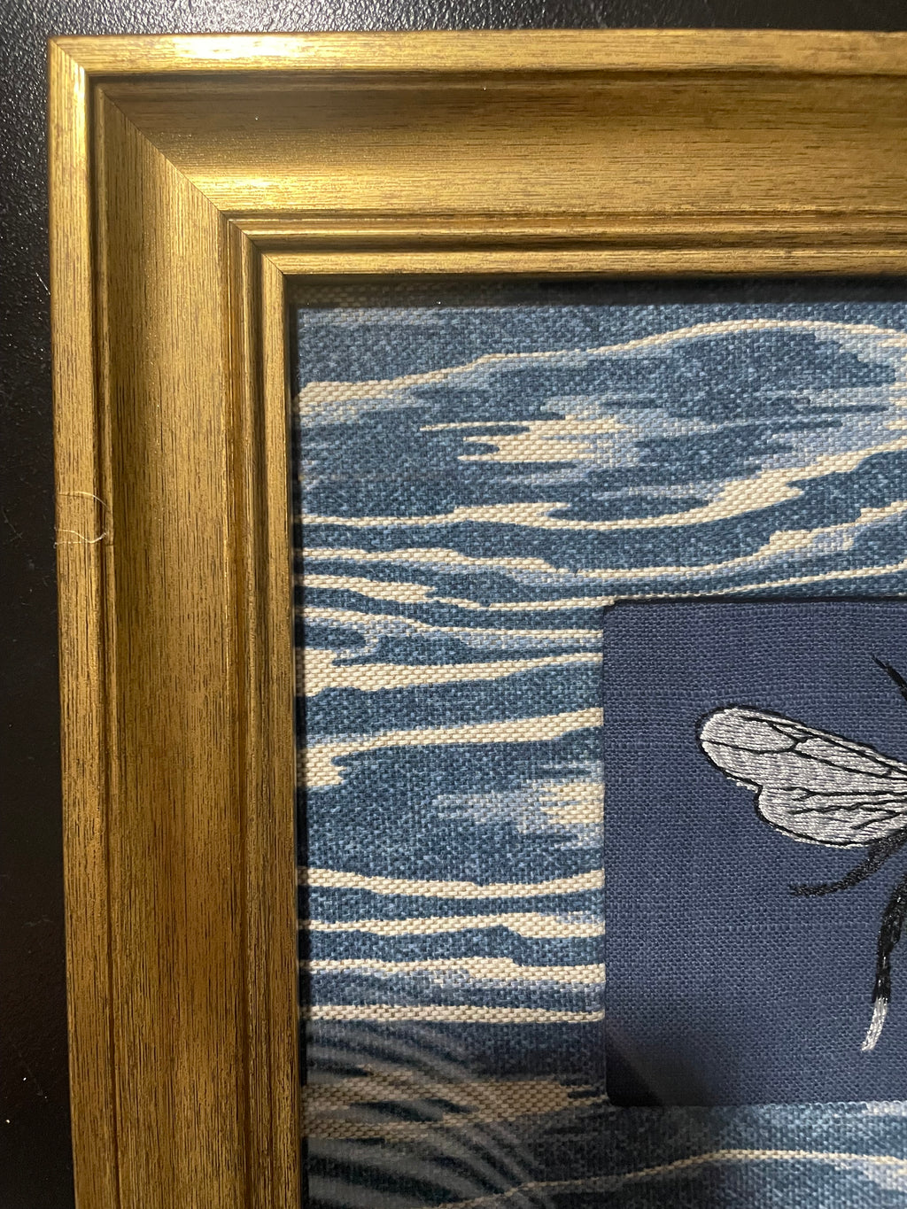 Bumblebee on Navy — Embroidered Wall Art, Gold Frame with Blue Ikat Fabric Mat