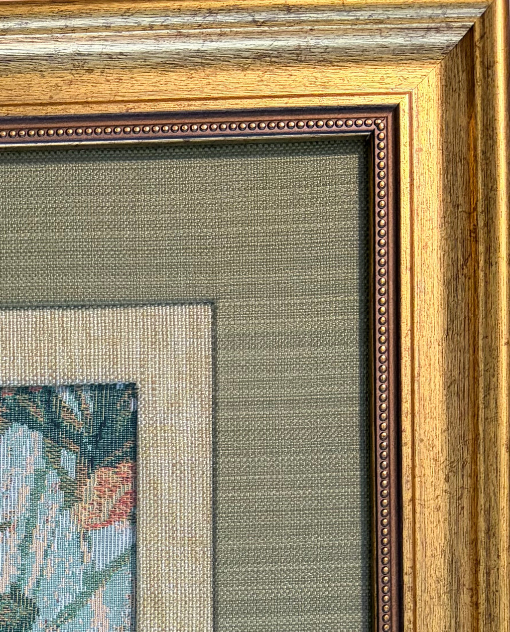 Floral Jacquard Fabric Wall Art, Double Mat, Gold Frame, 15x15
