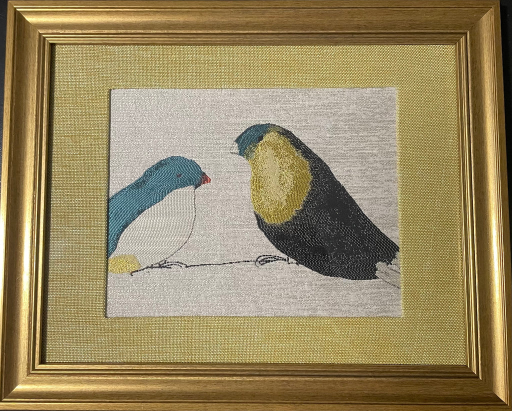 Facing Birds — Teal, White & Charcoal Fabric Wall Art, 13x16 Gold Frame