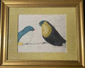 Facing Birds — Teal, White & Charcoal Fabric Wall Art, 13x16 Gold Frame