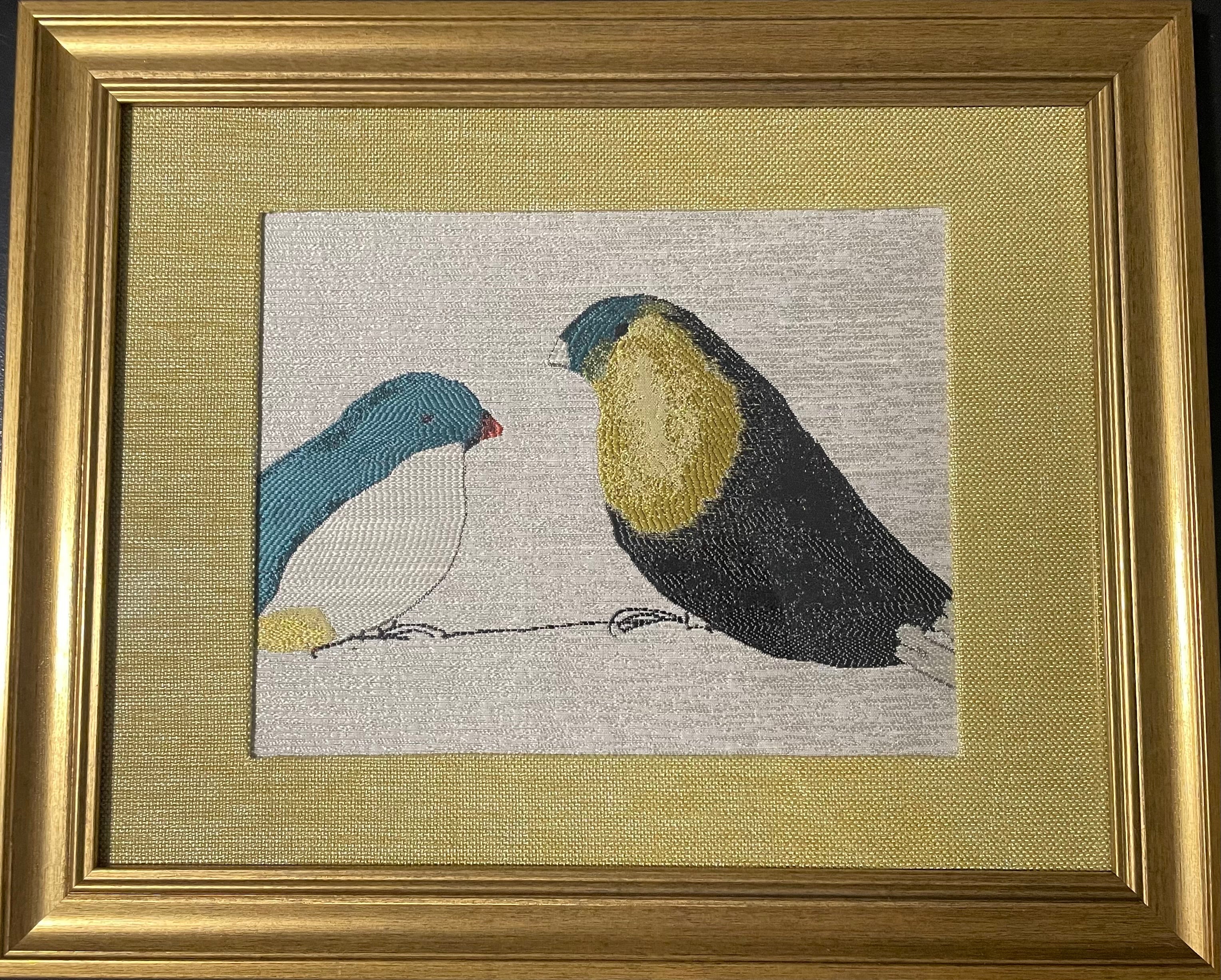 Facing Birds — Teal, White & Charcoal Fabric Wall Art, 13x16 Gold Frame