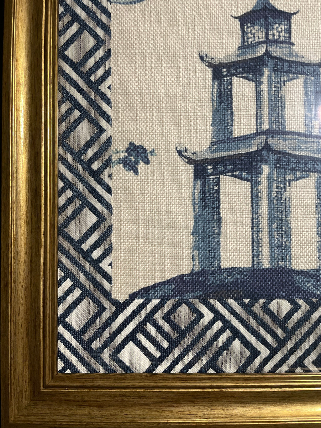 Chinoiserie Pagoda Fabric Wall Art | 13x16 Gold Frame | Zen Indigo