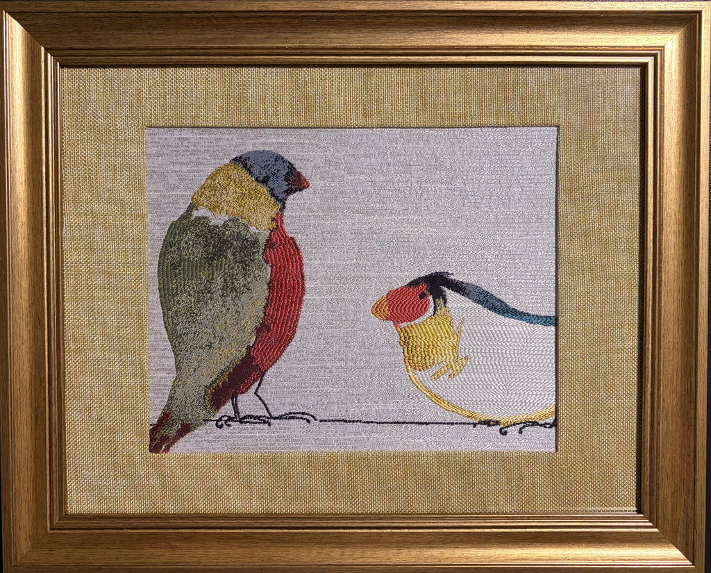 Gouldian Finch Pair — Woven Fabric Wall Art, 13x16 Antique Gold Frame