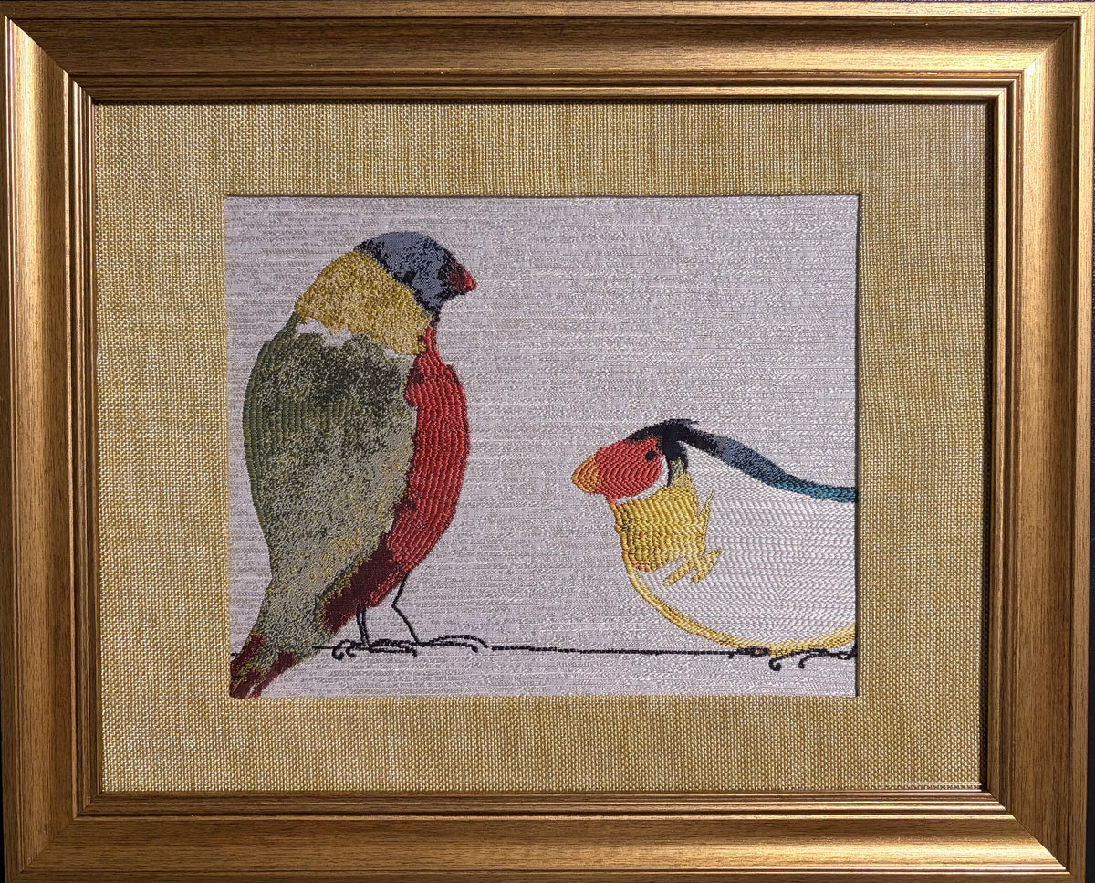 Gouldian Finch Pair — Woven Fabric Wall Art, 13x16 Antique Gold Frame