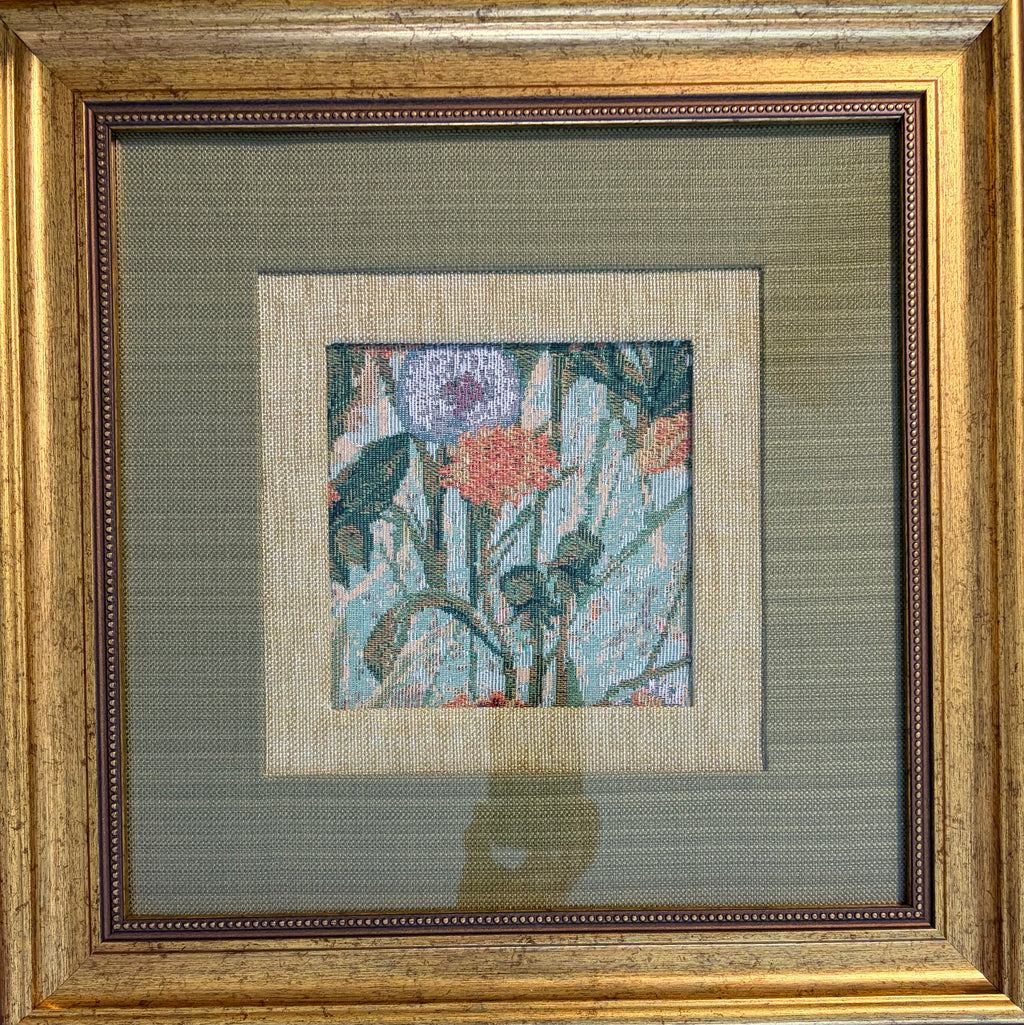 Floral Jacquard Fabric Wall Art, Double Mat, Gold Frame, 15x15