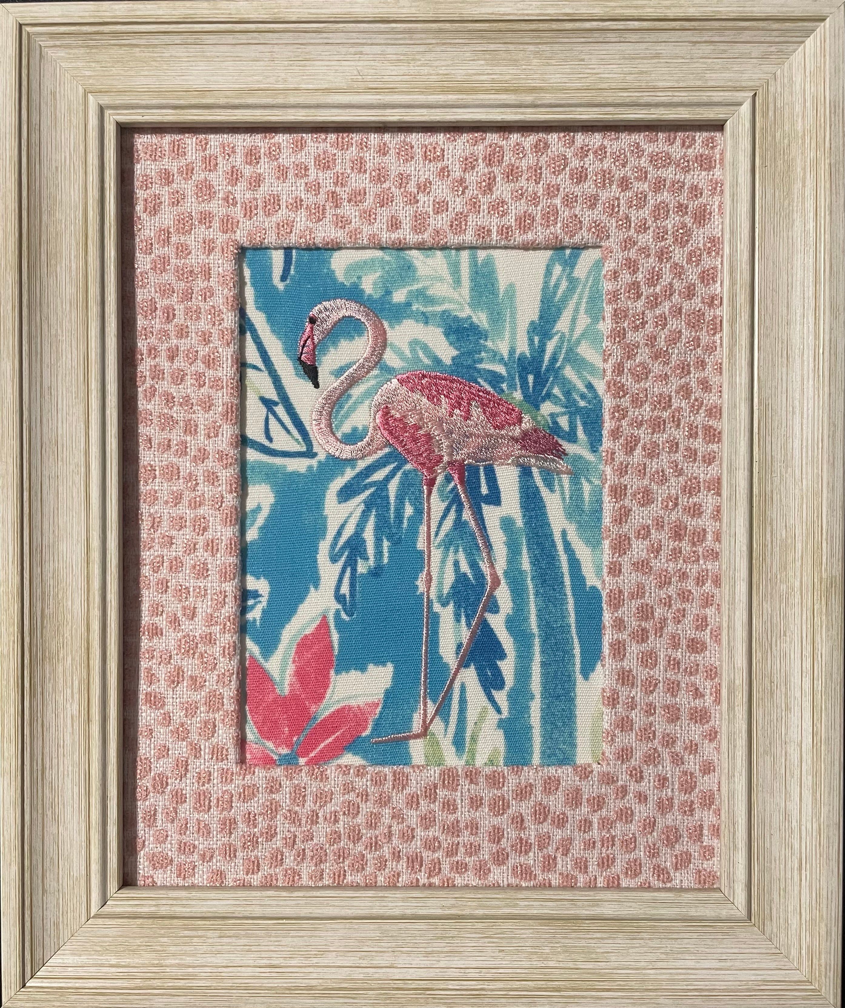 Framed Embroidered left facing flamingo with Custom Ballard Designs TULLY Rose Quartz Fabric Matting