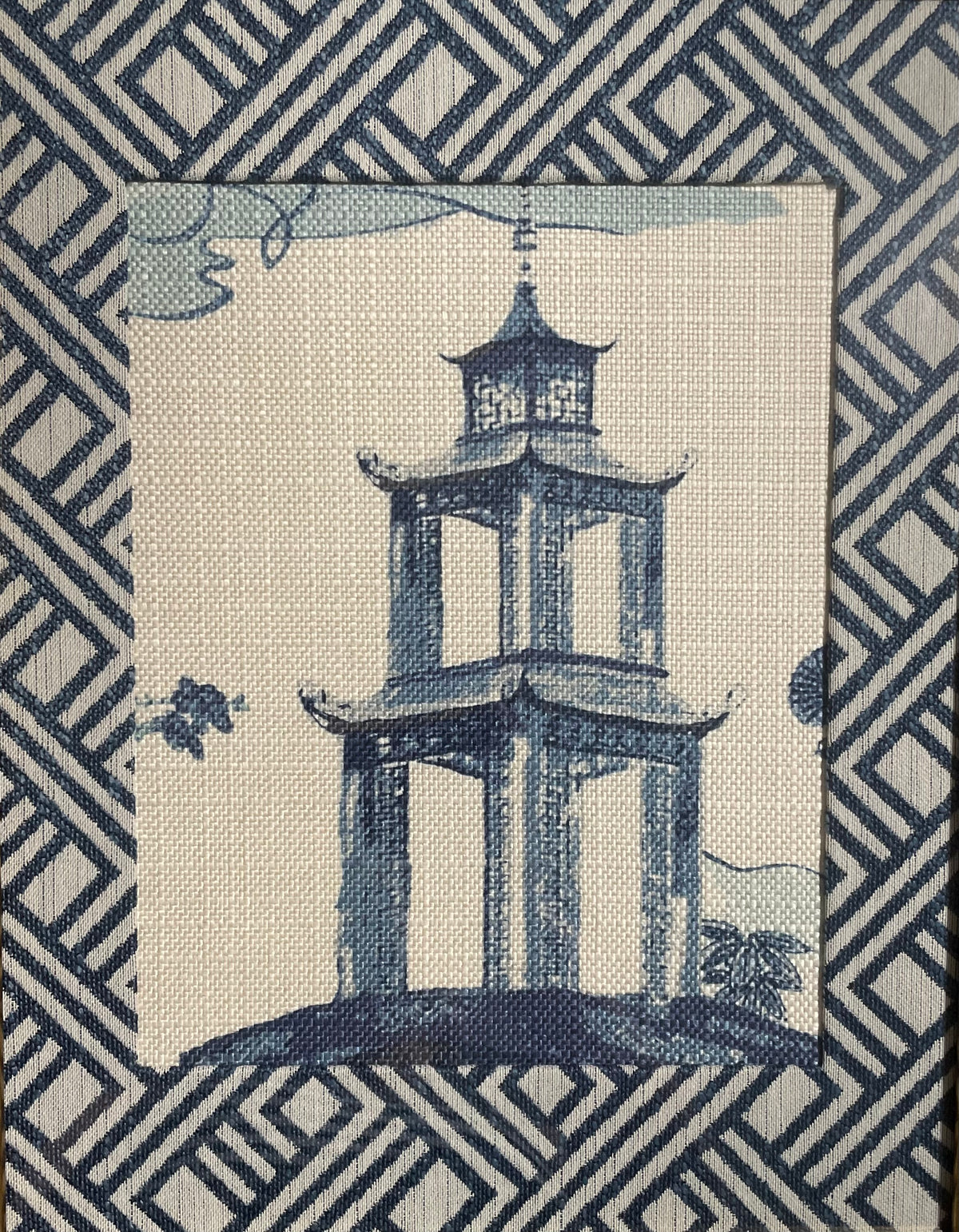Chinoiserie Pagoda Fabric Wall Art | 13x16 Gold Frame | Zen Indigo