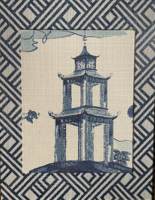 Chinoiserie Pagoda Fabric Wall Art | 13x16 Gold Frame | Zen Indigo