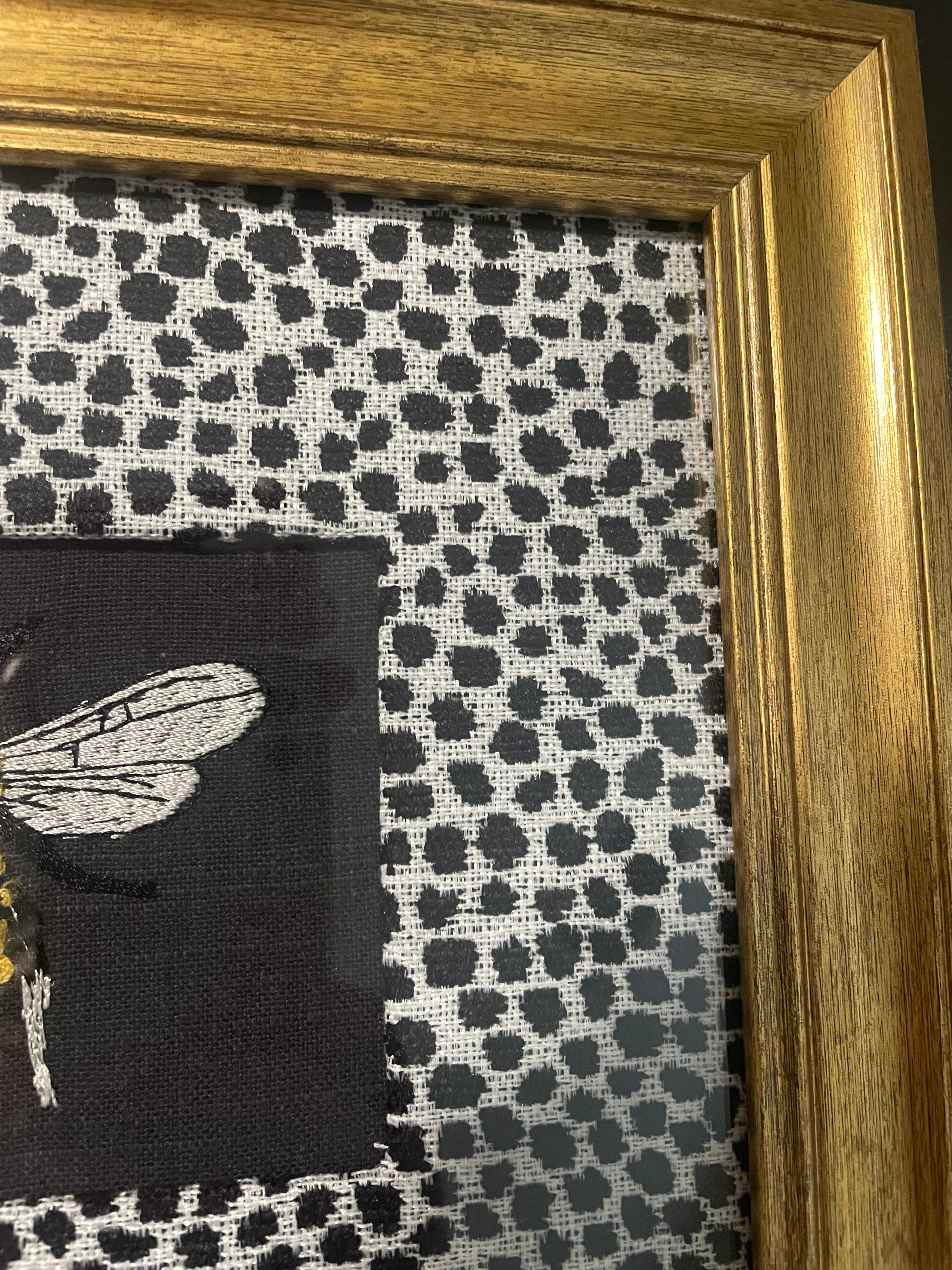 Embroidered Bee Wall Art — Gold Frame with Ballard Designs Ebony Tully Fabric Mat