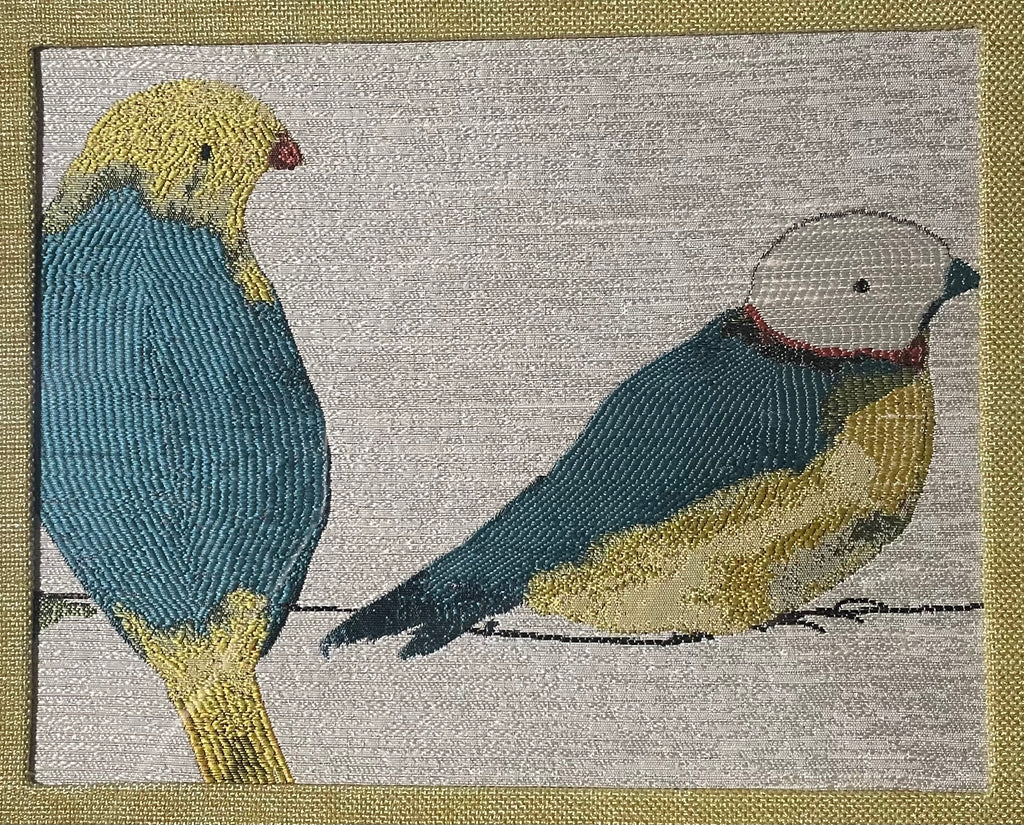 Teal & Gold Bird Pair — Fabric Wall Art, 13x16 Gold Frame