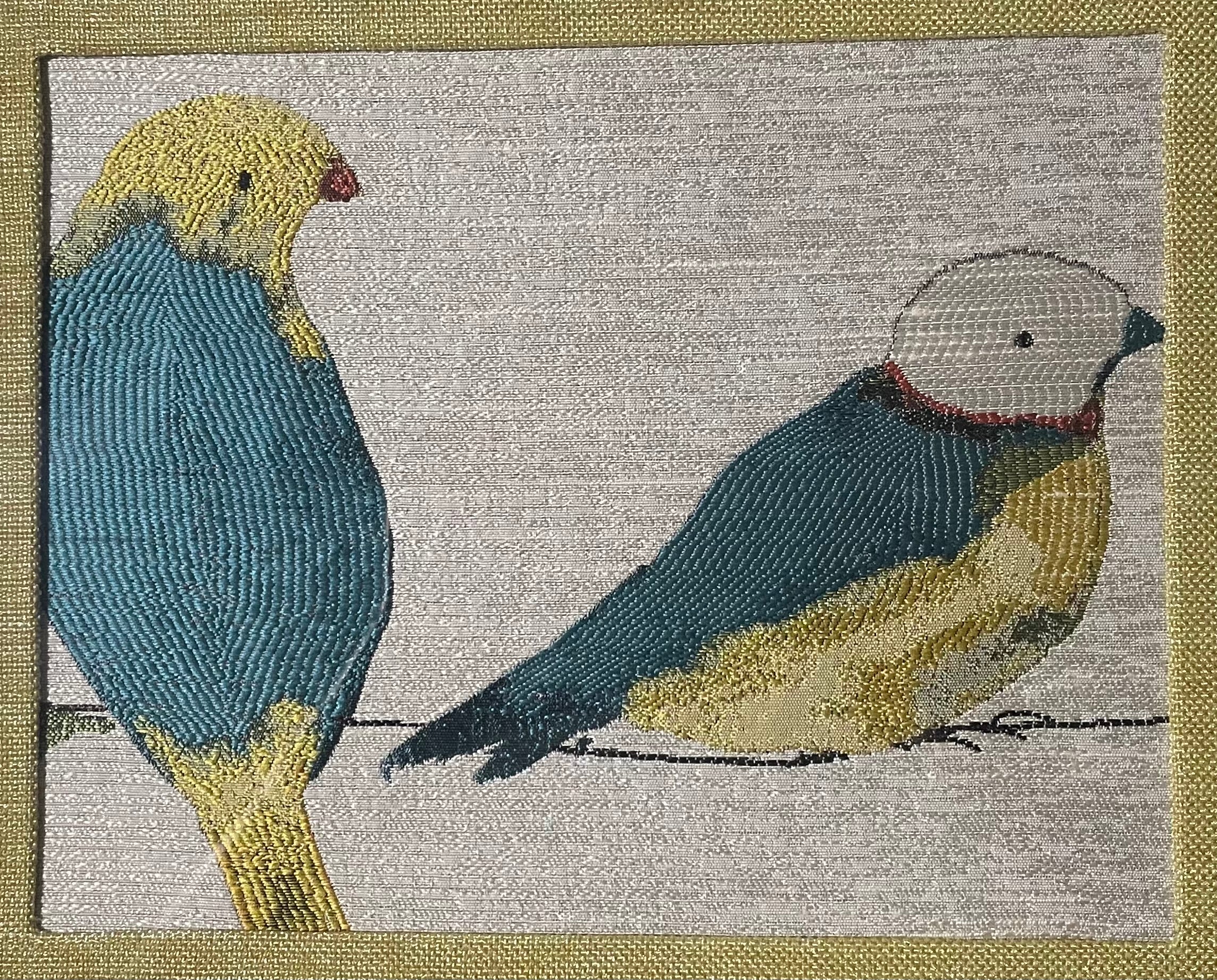 Teal & Gold Bird Pair — Fabric Wall Art, 13x16 Gold Frame
