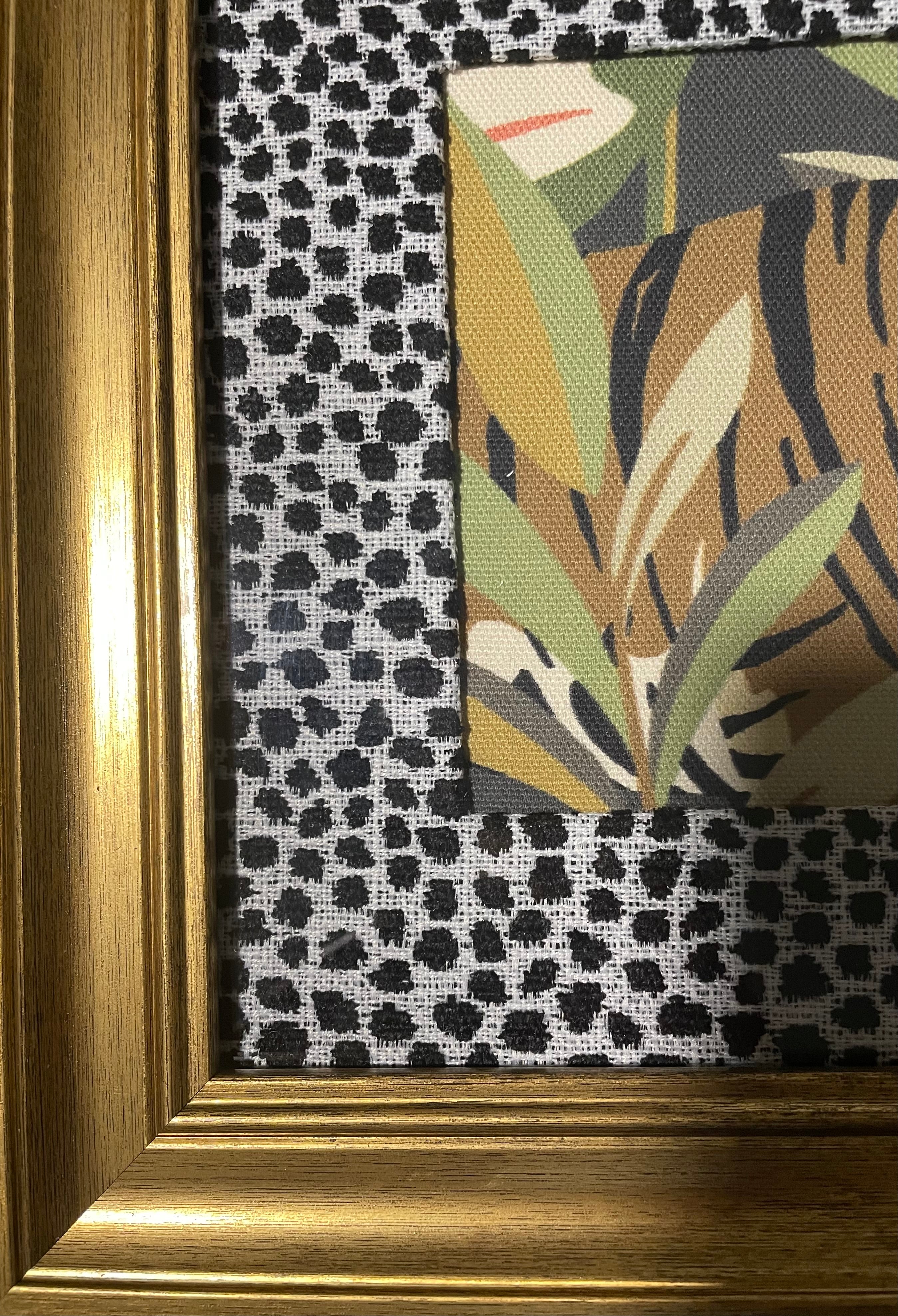 Safari Wall Art — Giraffe and Zebra Kinablu Petro fabric with Ballard Designs Tully Ebony fabric mat in Gold Frames