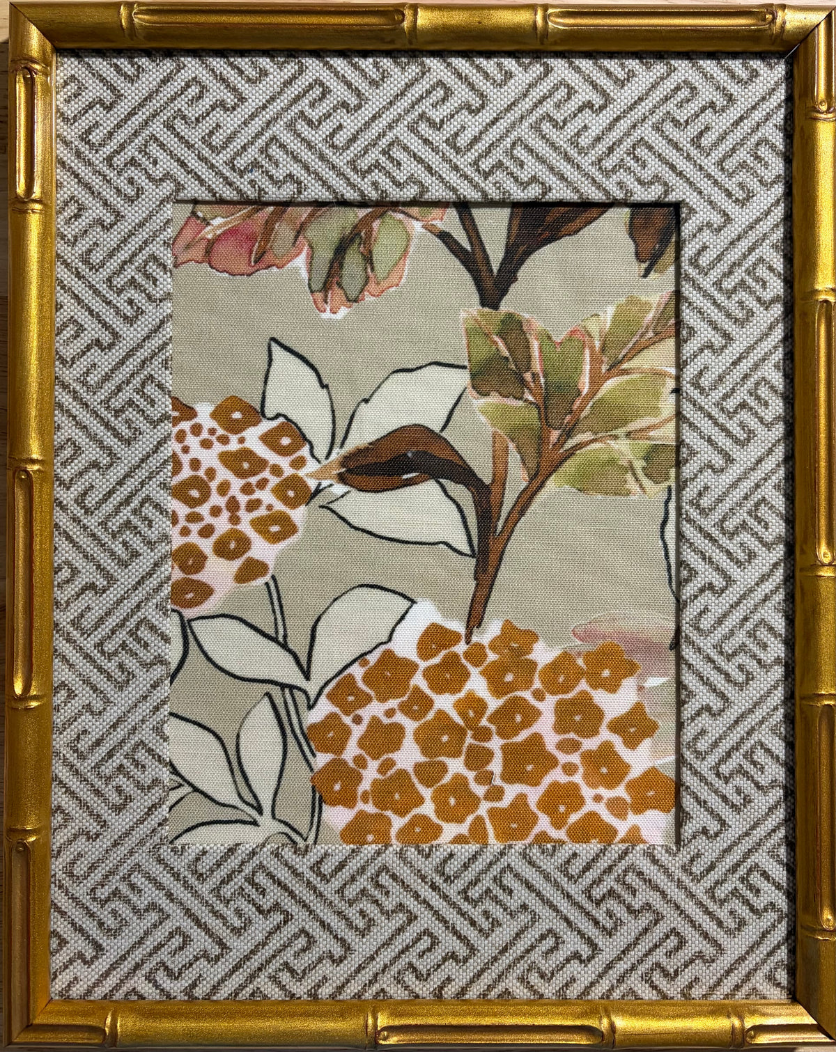 Botanical Fabric Wall Art, Geometric Mat, 12x15 Gold Bamboo Frame