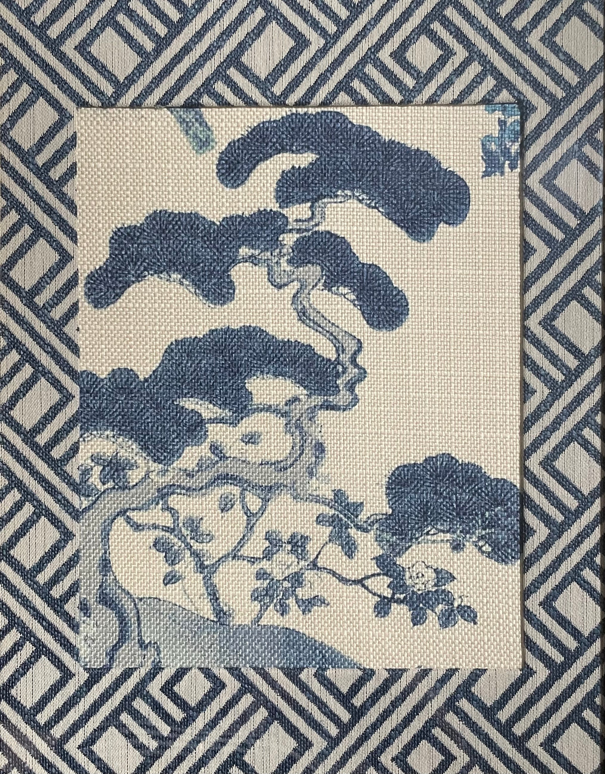 Chinoiserie Pine & Scholar's Rock Fabric Wall Art | 13x16 Gold Frame | Zen Indigo