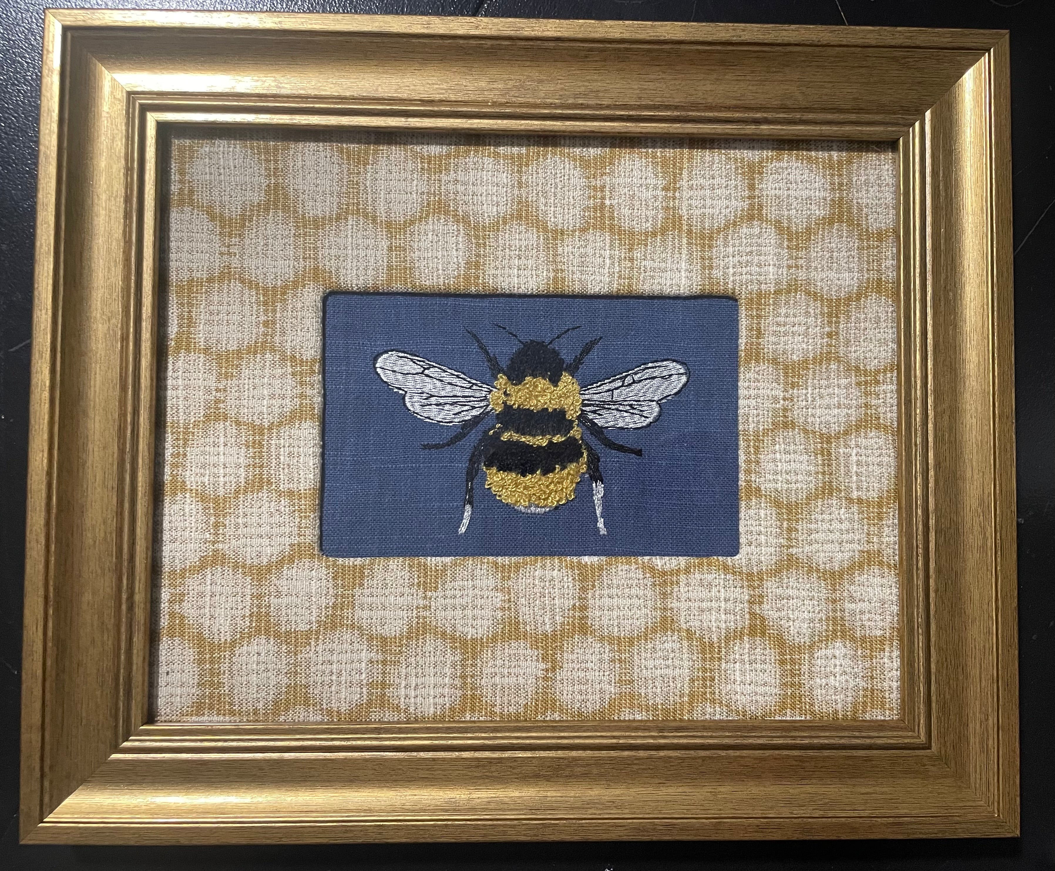 Embroidered Bee Wall Art — Gold Frame with Ballard Designs Mia Honeycomb Fabric Mat