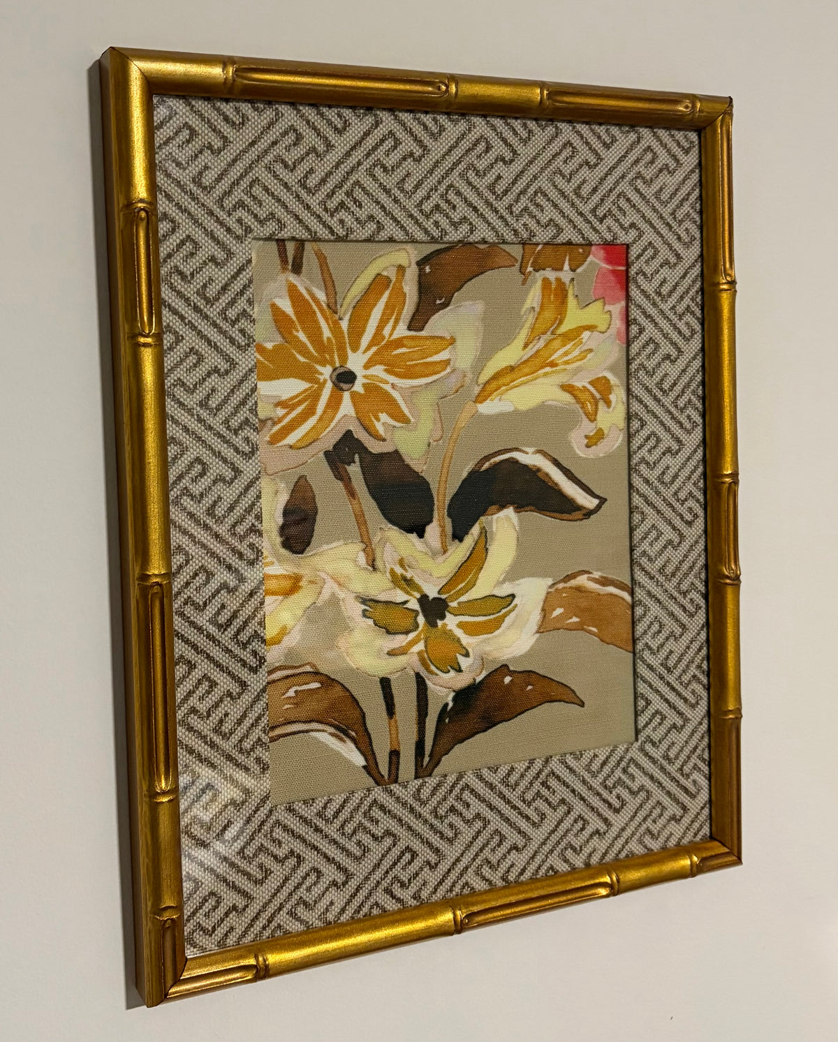 Botanical Fabric Wall Art, Geometric Mat, 12x15 Gold Bamboo Style Frame