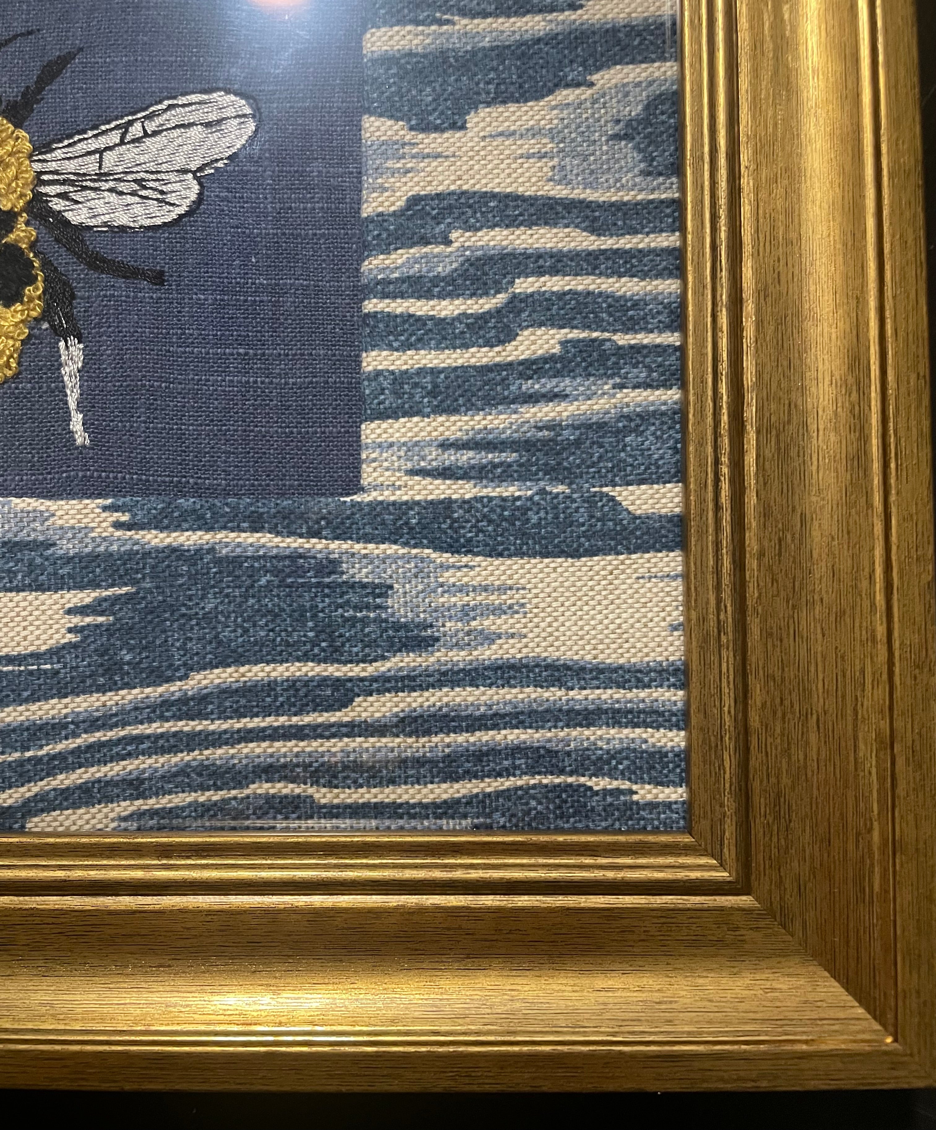 Bumblebee on Navy — Embroidered Wall Art, Gold Frame with Blue Ikat Fabric Mat