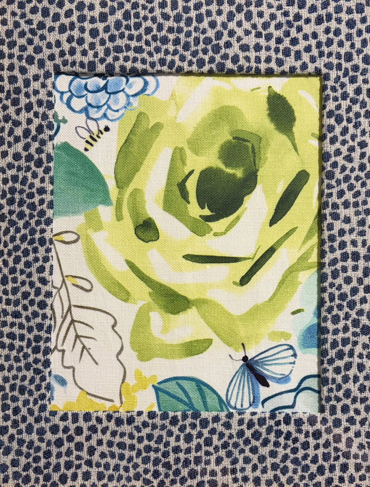 Pair Framed Bright Floral Fabric Wall Art: Gold Bamboo-Style Frames, Ballard Tully Blue Fabric Mats 12x15